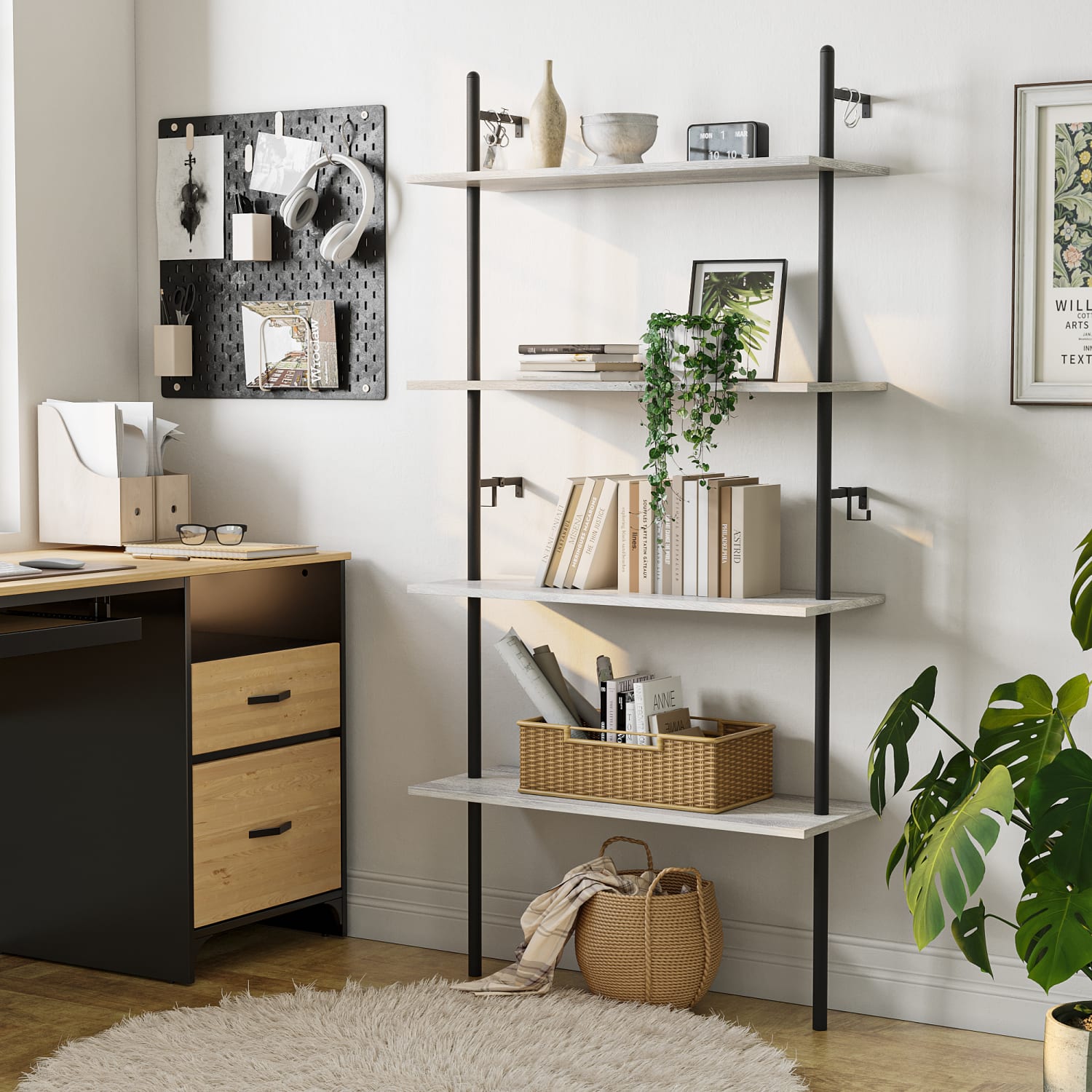 Bestier Industrial 66inH 4-Tier Wall-Mounted Ladder Shelf With 2 Hooks, 32inW, Light Retro Gray Oak - Image 6