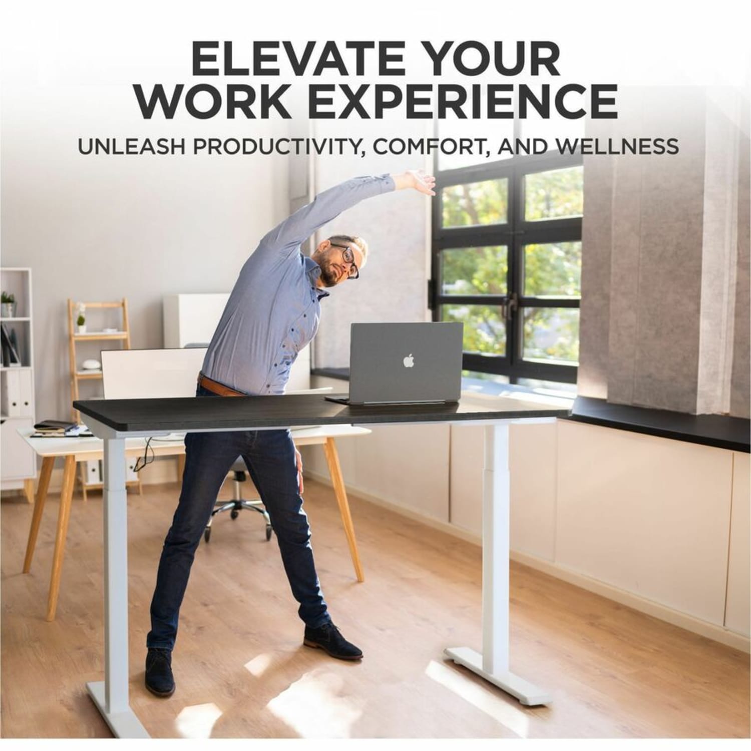 Rise Up Electric Standing Desk 60x30in Black Desktop Dual Motors Adjustable Height White Frame (26-51.6in) with memory - Upgrade to a truly ergonomic, motorized sit stand up office desk featuring premium motors - one touch adjusting - memory - Image 4