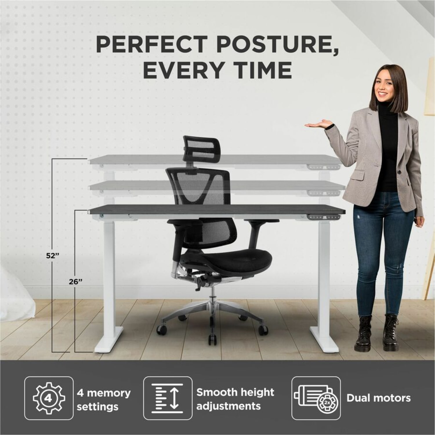 Rise Up Electric Standing Desk 60x30in Black Desktop Dual Motors Adjustable Height White Frame (26-51.6in) with memory - Upgrade to a truly ergonomic, motorized sit stand up office desk featuring premium motors - one touch adjusting - memory - Image 5