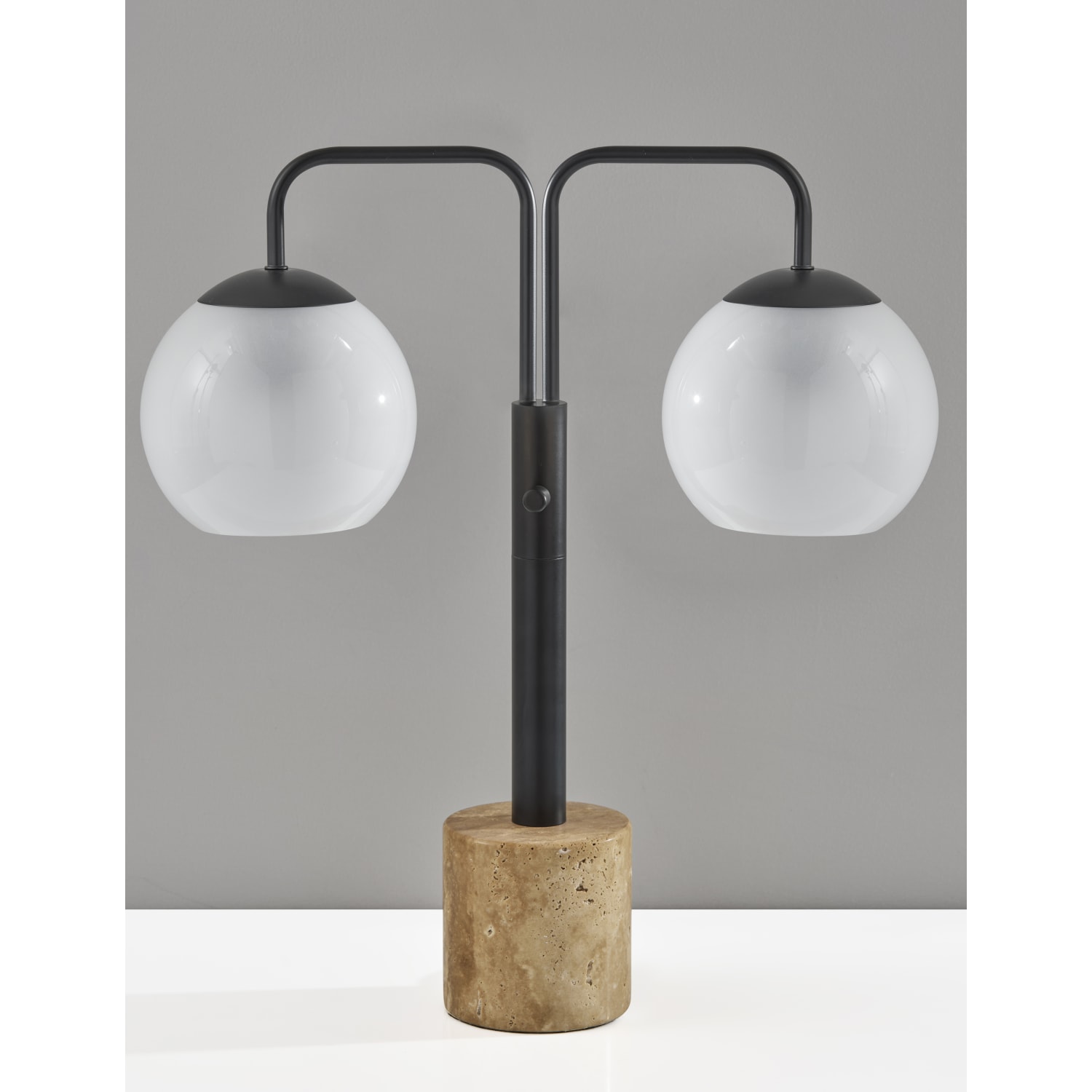 Adesso Stockton 2-Light Table Lamp, 23-1/2inH, White Glosted Glass Shade/Black & Travertine Base - Image 4