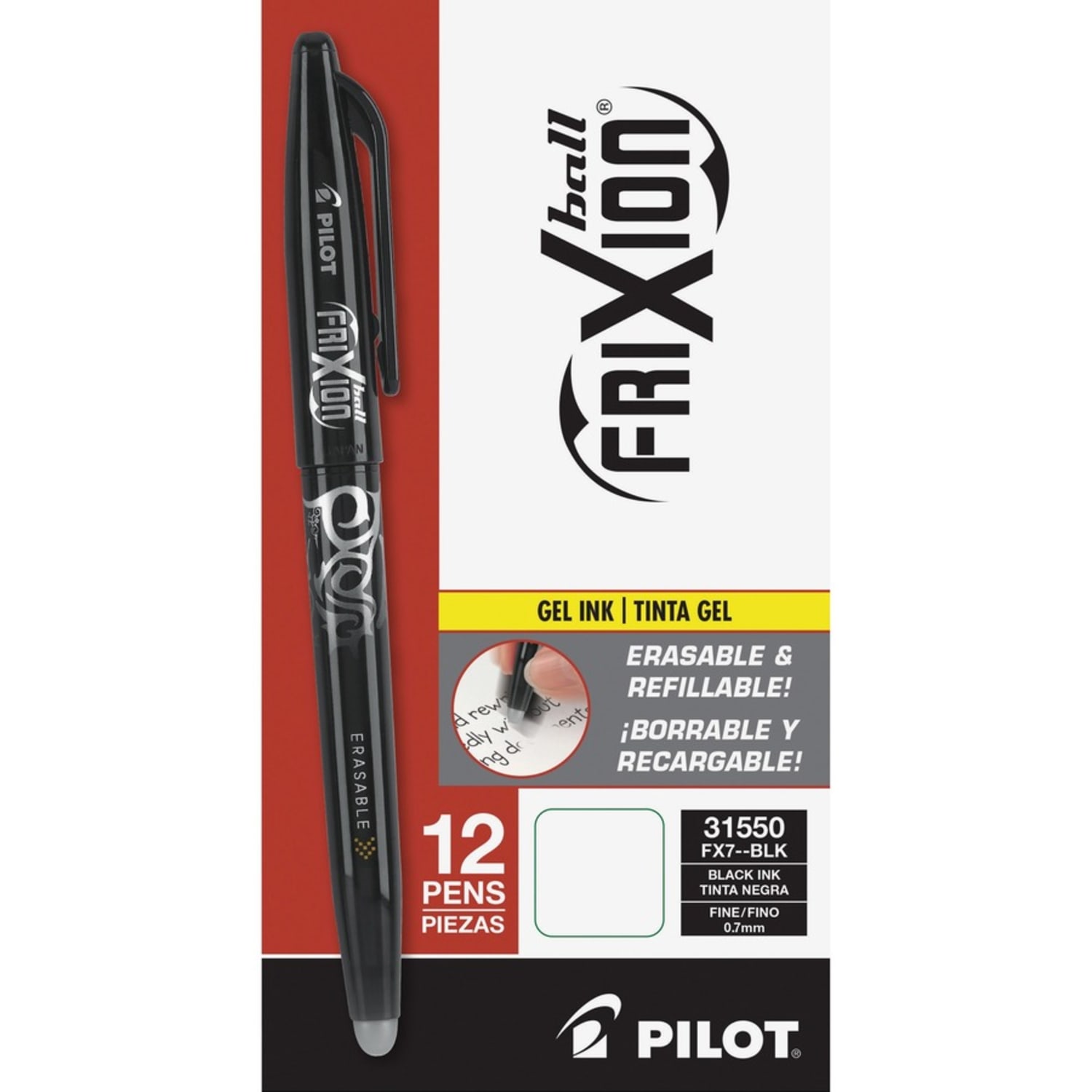 Pilot FriXion Ball Erasable Gel Pens, Pack of 12, Fine Point, 0.7 mm, Black Barrel, Black Ink - Image 5