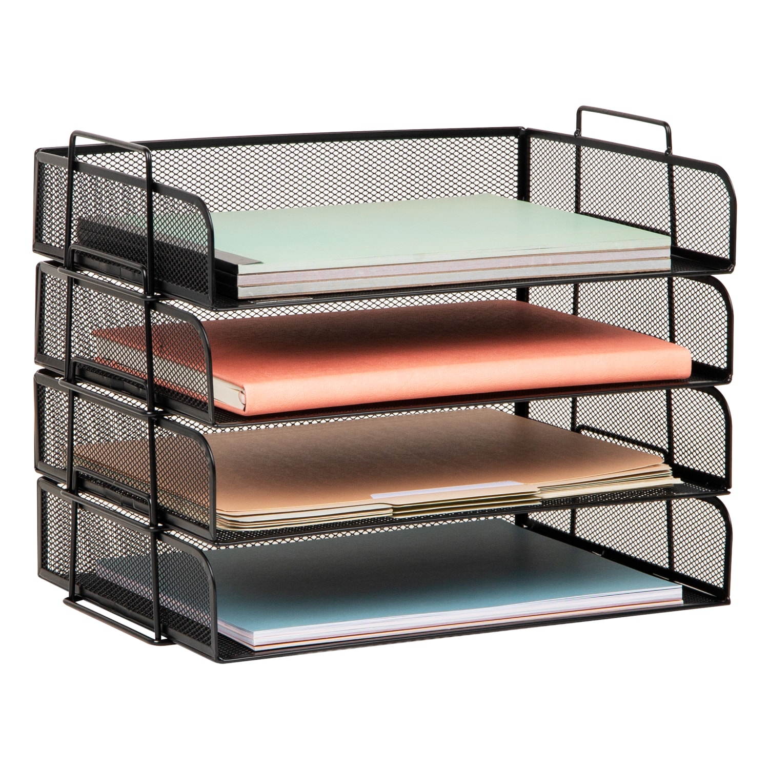 Mind Reader 4-Piece Stackable Paper Tray Desktop Organizer, 11-1/2inH x 9-3/4inW x 13-1/4inD, Black