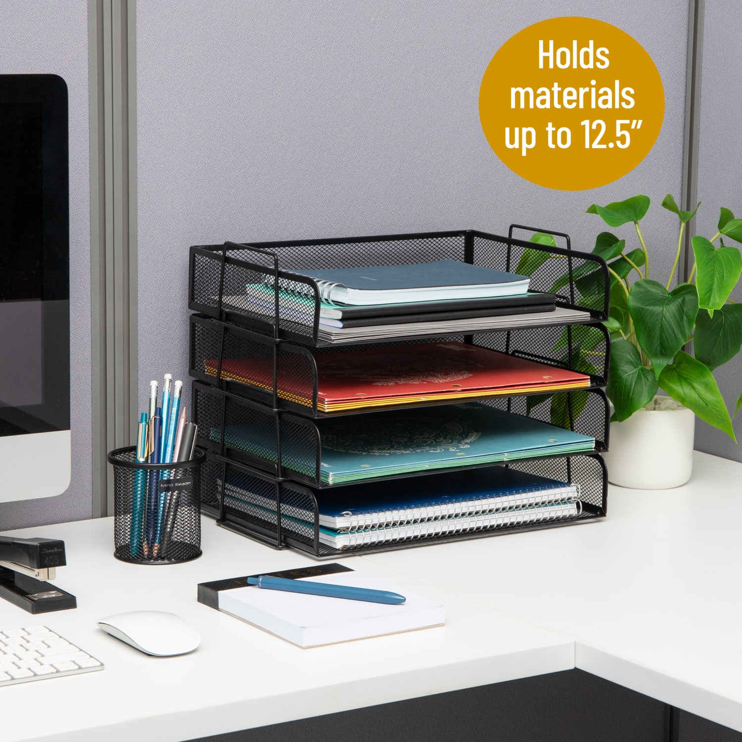 Mind Reader 4-Piece Stackable Paper Tray Desktop Organizer, 11-1/2inH x 9-3/4inW x 13-1/4inD, Black - Image 3