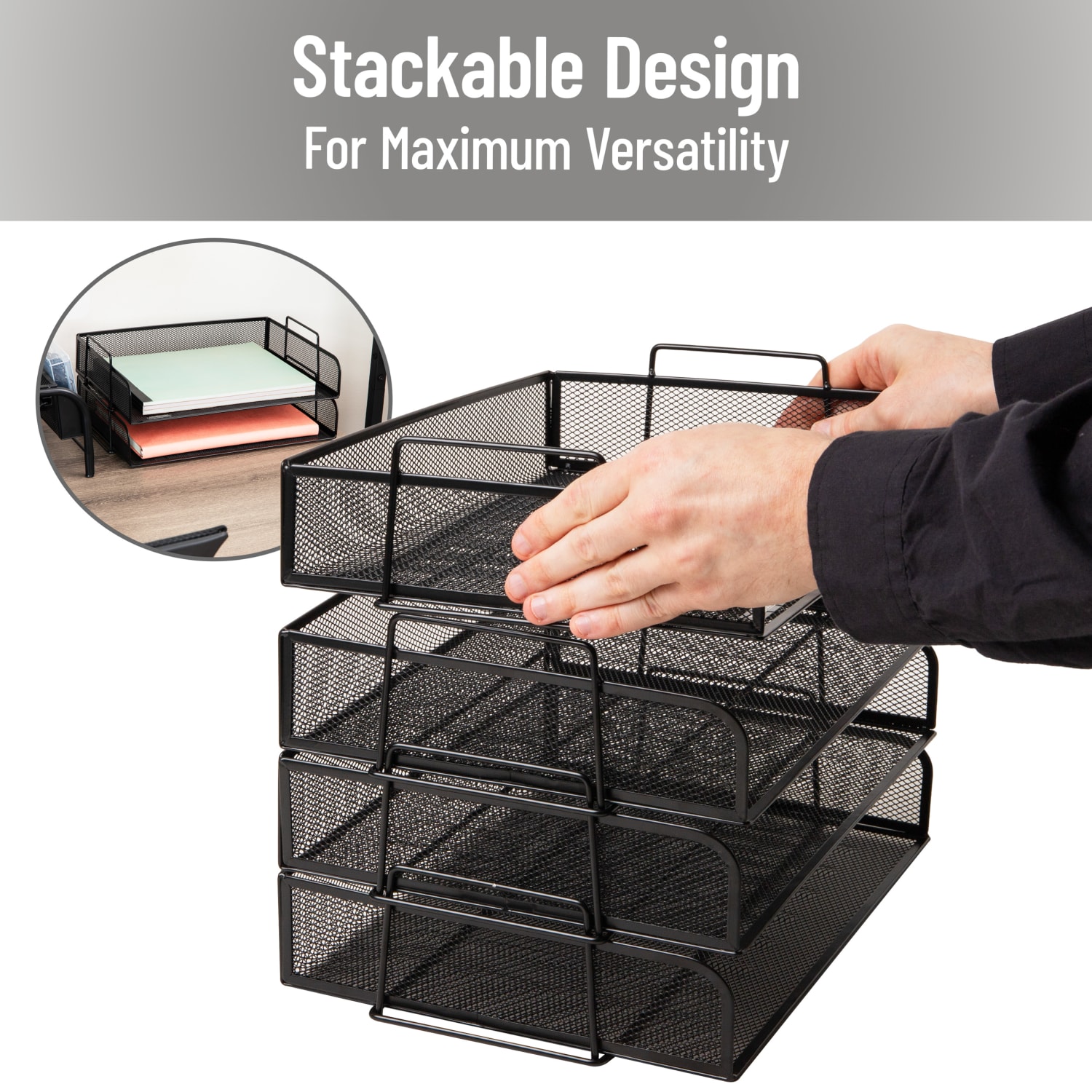 Mind Reader 4-Piece Stackable Paper Tray Desktop Organizer, 11-1/2inH x 9-3/4inW x 13-1/4inD, Black - Image 5