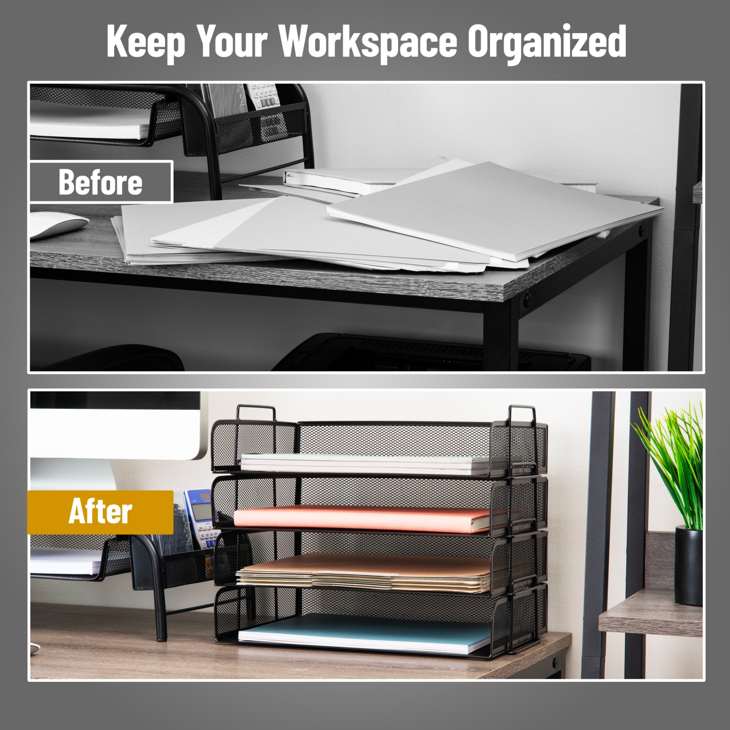 Mind Reader 4-Piece Stackable Paper Tray Desktop Organizer, 11-1/2inH x 9-3/4inW x 13-1/4inD, Black - Image 6
