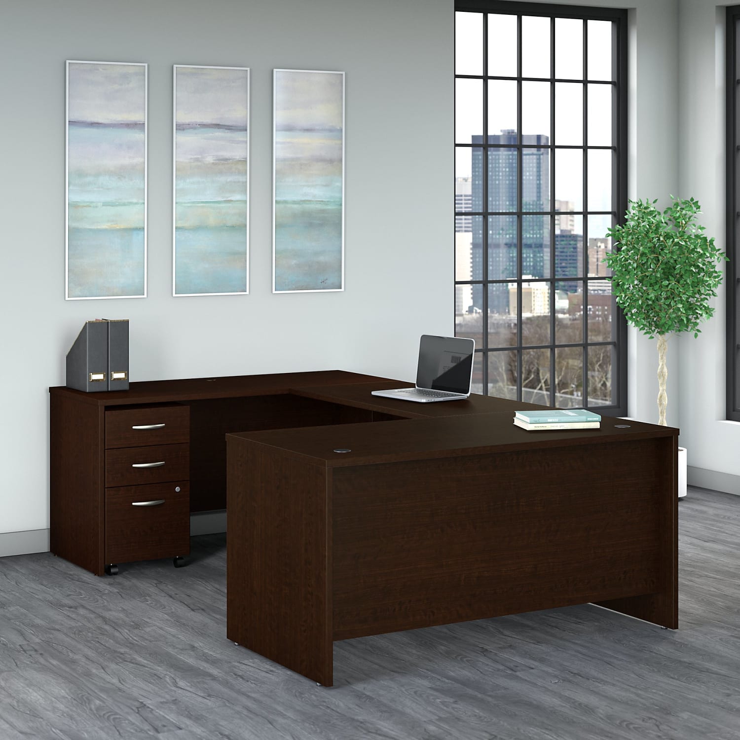 Bush Business Furniture 60inW U-Shaped Corner Desk With 3-Drawer Mobile File Cabinet, Mocha Cherry, Standard Delivery - Image 3