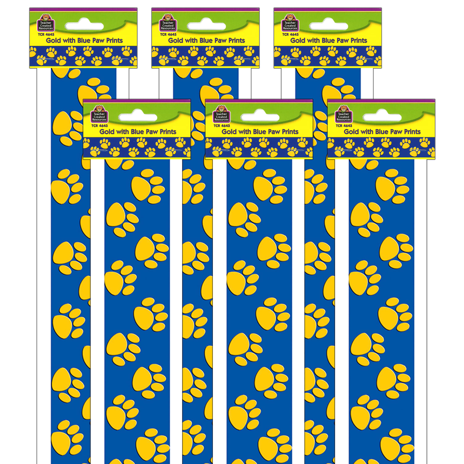 Teacher Created Resources Straight Border Trim, 3in x 35in, Blue/Gold Paw Prints, 12 Pieces Per Pack, Set Of 6 Packs