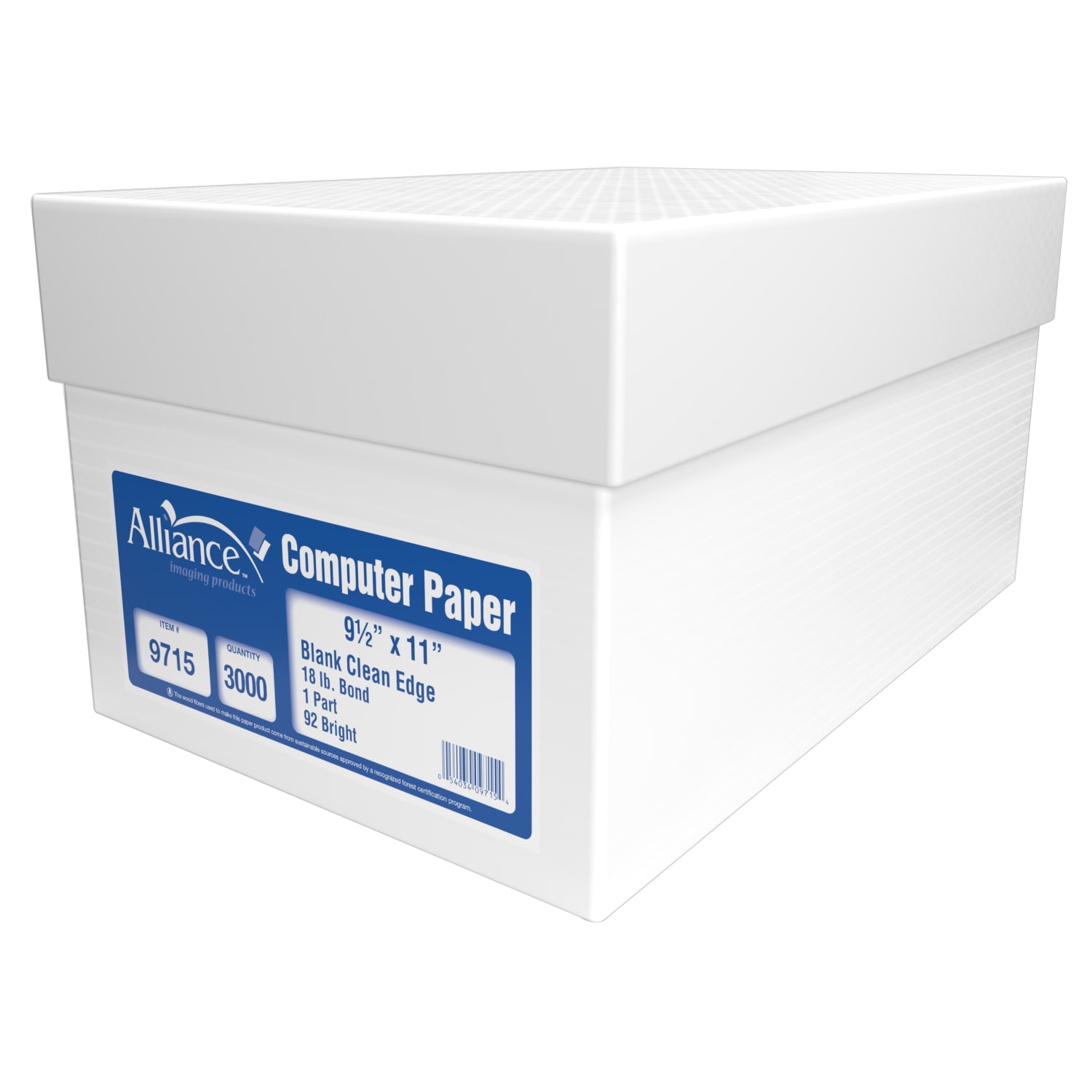 Alliance 1-Part Computer Paper, 9-1/2in x 11in, 92+ Brightness, 18 Lb, White, Ream Of 3,000 Sheets