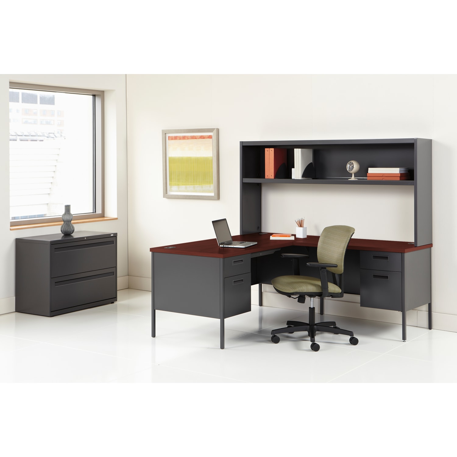 HON Metro Classic 66inW Left-Pedestal Computer Desk, Mahogany, Charcoal - Image 3