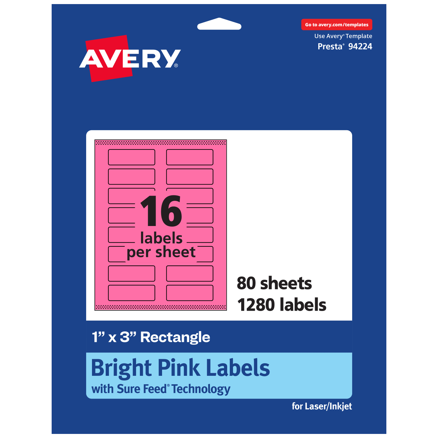 Avery Print-To-The-Edge Labels With Sure Feed Technology And Easy Peel, 94224-BPP80, Rectangle, 1in x 3in, Matte Bright Pink, Pack of 1280