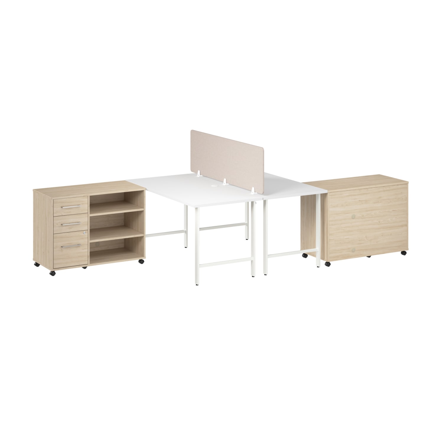 Bush Business Furniture Hustle 2 Person Computer Desk with Mobile Storage Cabinets, Power Grommets, and Privacy Screen, White and Natural Elm, - Image 3