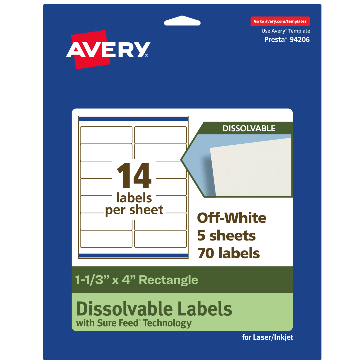 Avery Dissolvable Labels With Sure Feed Technology, 94206-DWMP5, Rectangle, 1-1/3inx4in, Matte Off-White, Pack Of 70