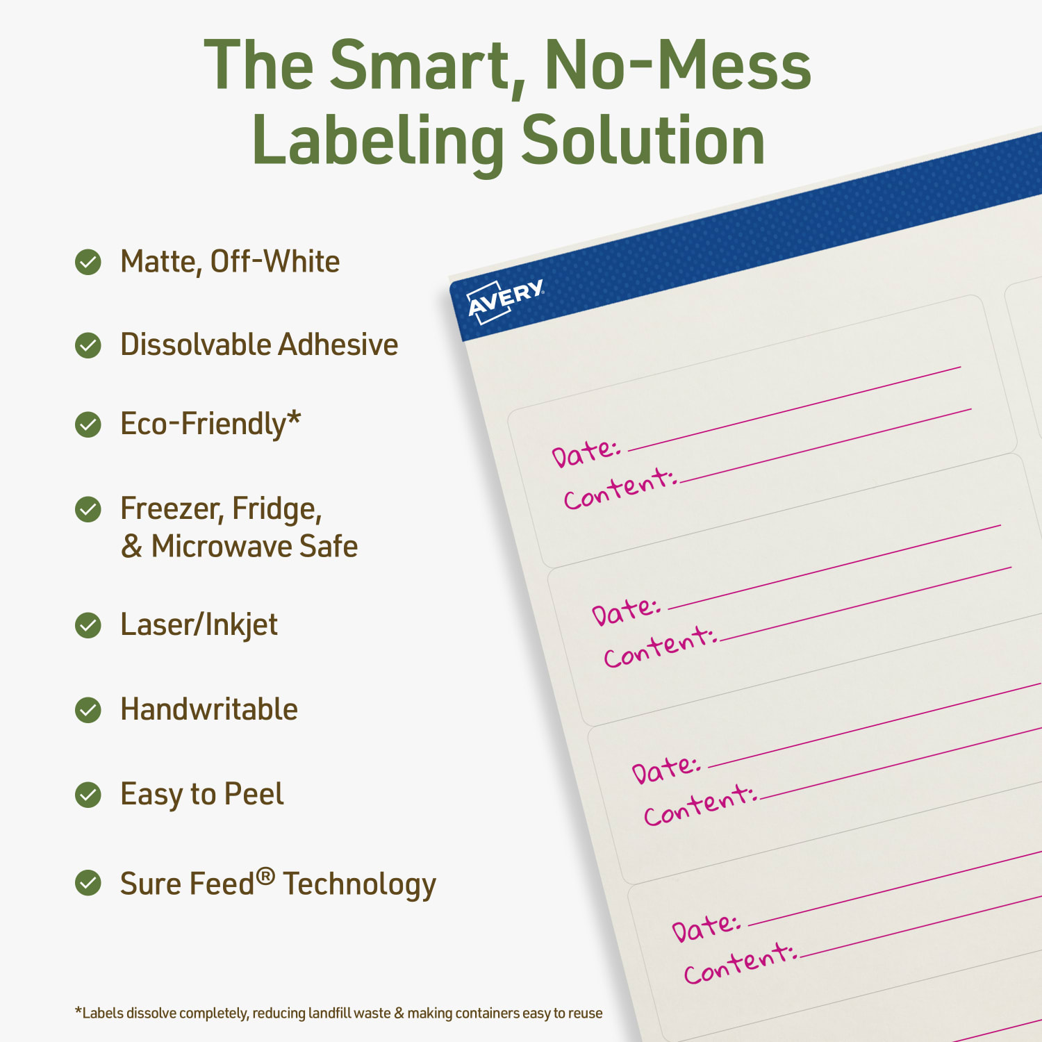 Avery Dissolvable Labels With Sure Feed Technology, 94206-DWMP5, Rectangle, 1-1/3inx4in, Matte Off-White, Pack Of 70 - Image 3