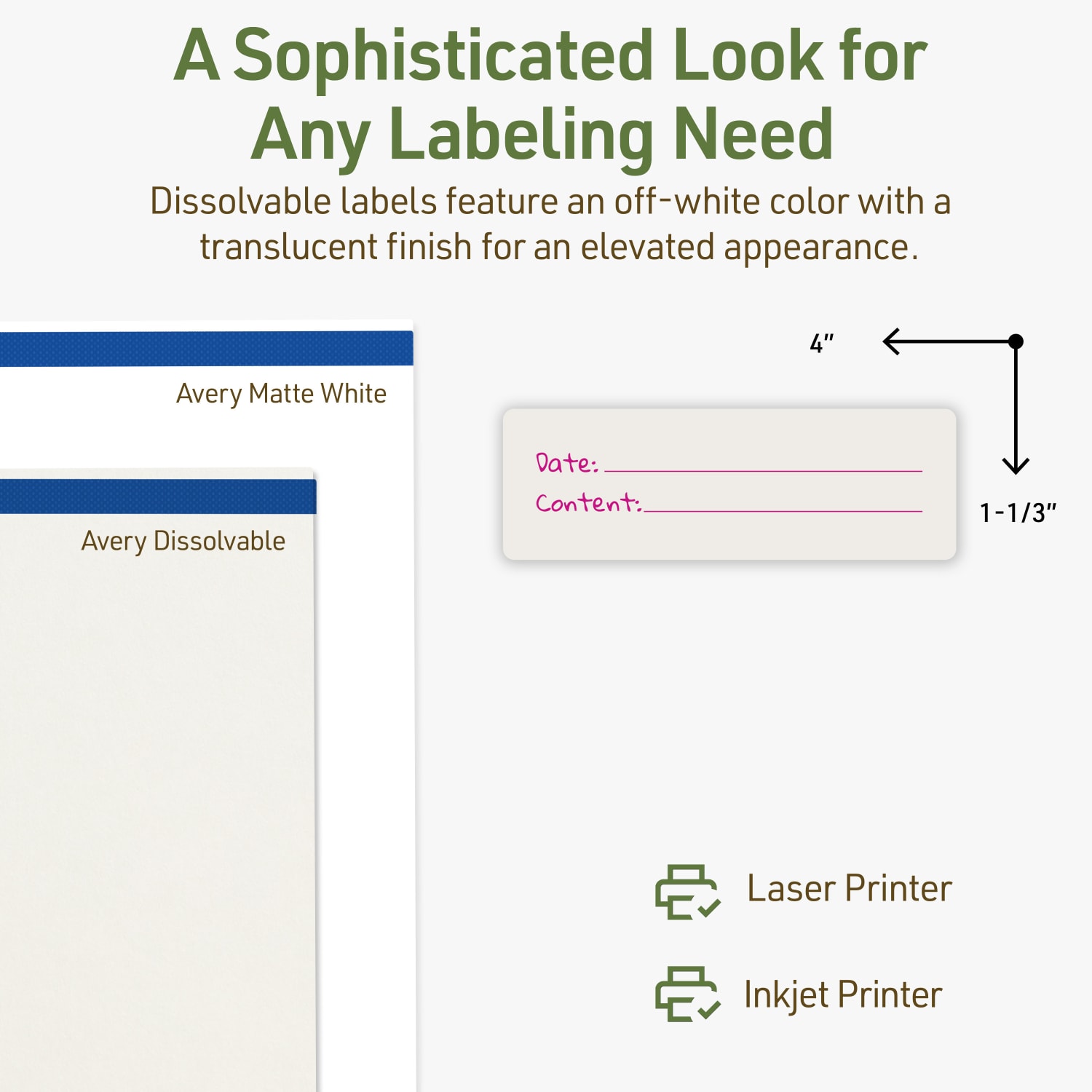 Avery Dissolvable Labels With Sure Feed Technology, 94206-DWMP5, Rectangle, 1-1/3inx4in, Matte Off-White, Pack Of 70 - Image 5