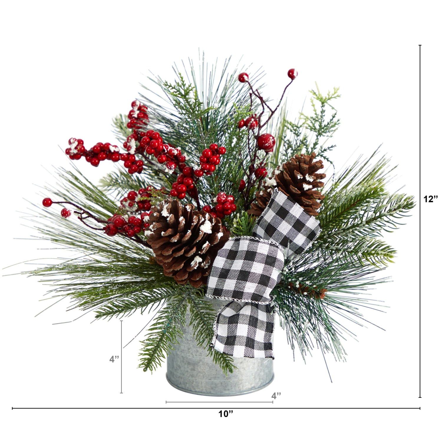 Nearly Natural 12inH Frosted Pine Cones And Berries Artificial Arrangement With Vase And Decorative Plaid Bow, 12inH x 10inW x 8inD, Green/Silver - Image 3