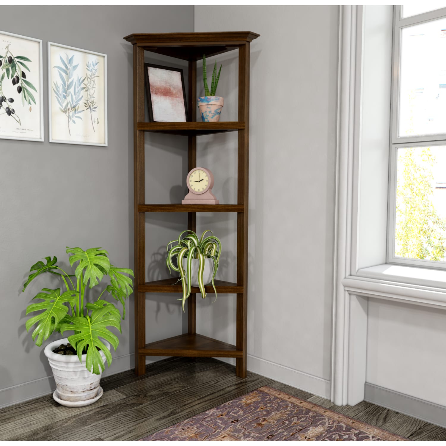 New Ridge Home Goods 60inH 5-Shelf Corner Bookcase, Walnut - Image 3
