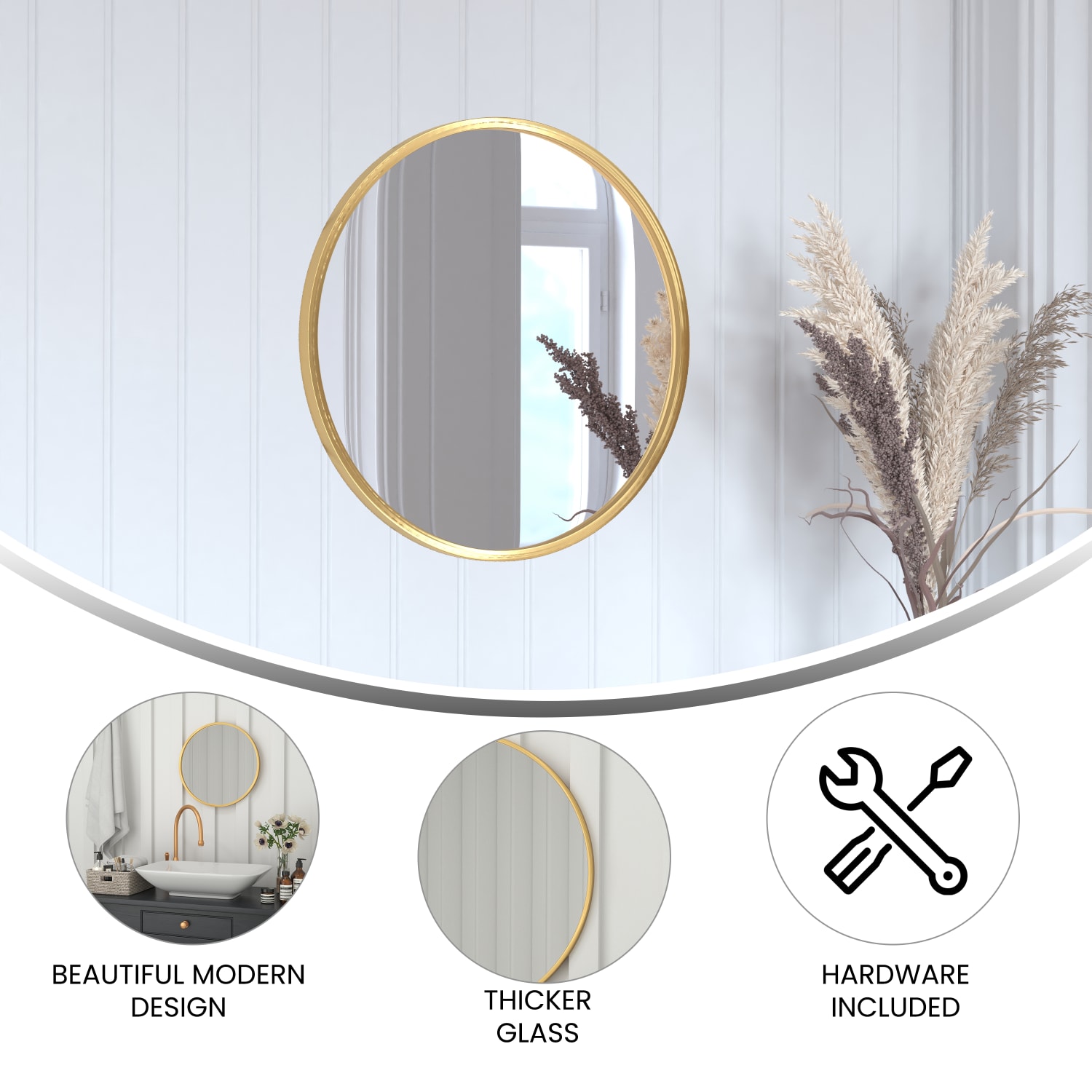 Flash Furniture Julianne Round Metal-Framed Wall Mirror, 20inH x 20inW x 3/4inD, Gold - Image 5