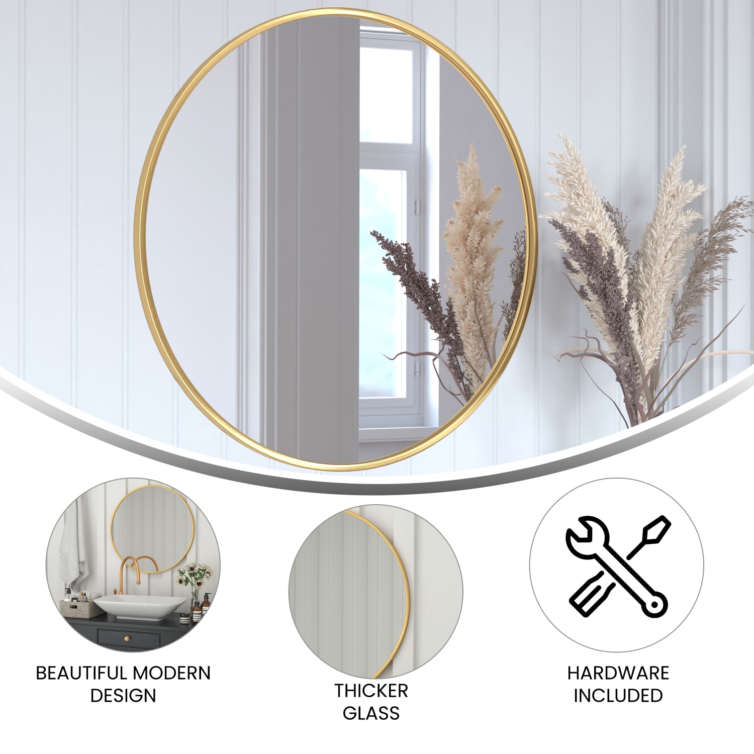 Flash Furniture Julianne Round Metal-Framed Wall Mirror, 30inH x 30inW x 3/4inD, Gold - Image 5