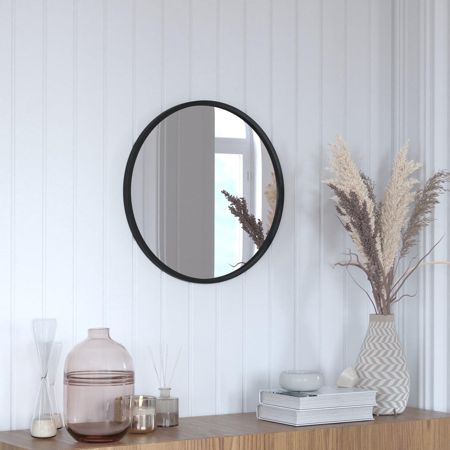 Flash Furniture Julianne Round Metal-Framed Wall Mirror, 20inH x 20inW x 3/4inD, Black