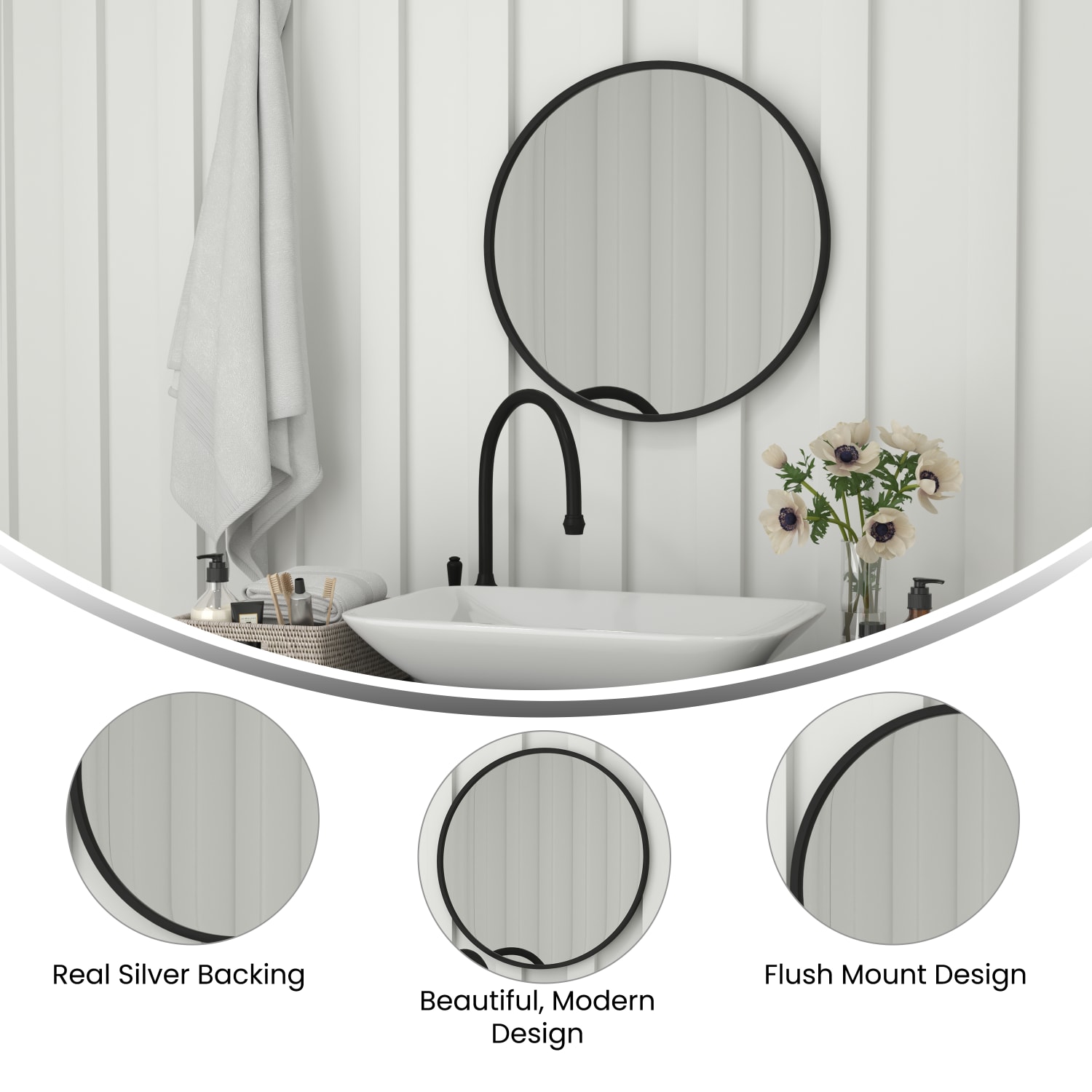 Flash Furniture Julianne Round Metal-Framed Wall Mirror, 24inH x 24inW x 3/4inD, Black - Image 5