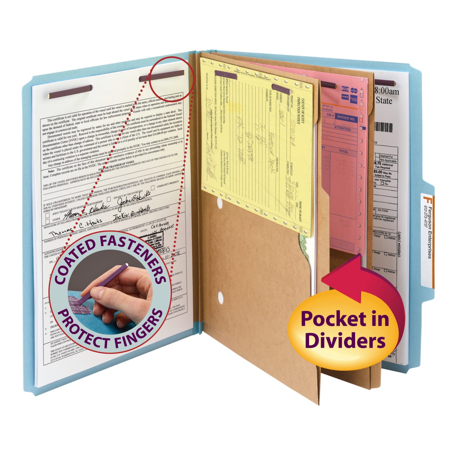 Smead Pressboard Classification Folders With SafeSHIELD Fasteners And 2 Pocket Dividers, Letter Size, 100% Recycled, Blue, Box Of 10 - Image 4