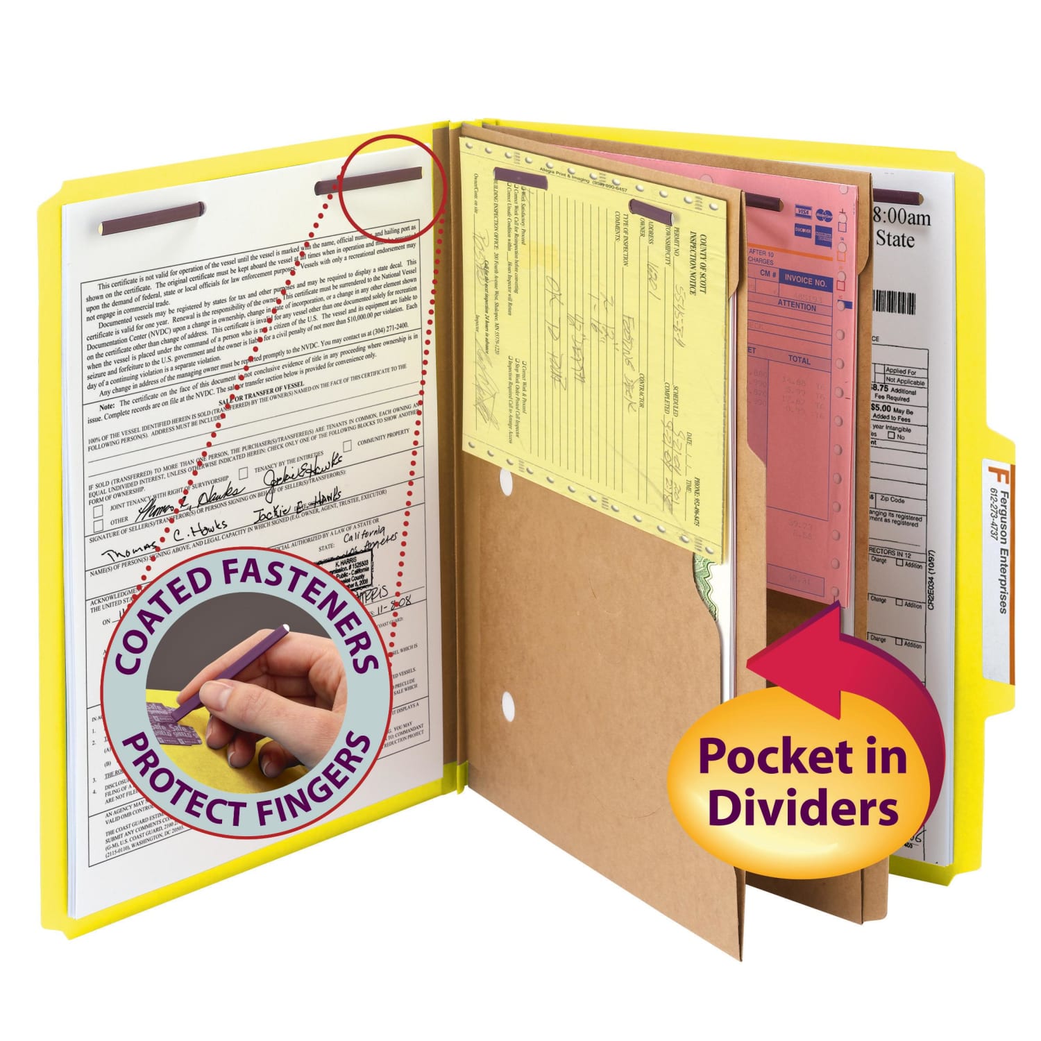 Smead Pressboard Classification Folders With SafeSHIELD Fasteners And 2 Pocket Dividers, Letter Size, 50% Recycled, Yellow, Box Of 10 - Image 3