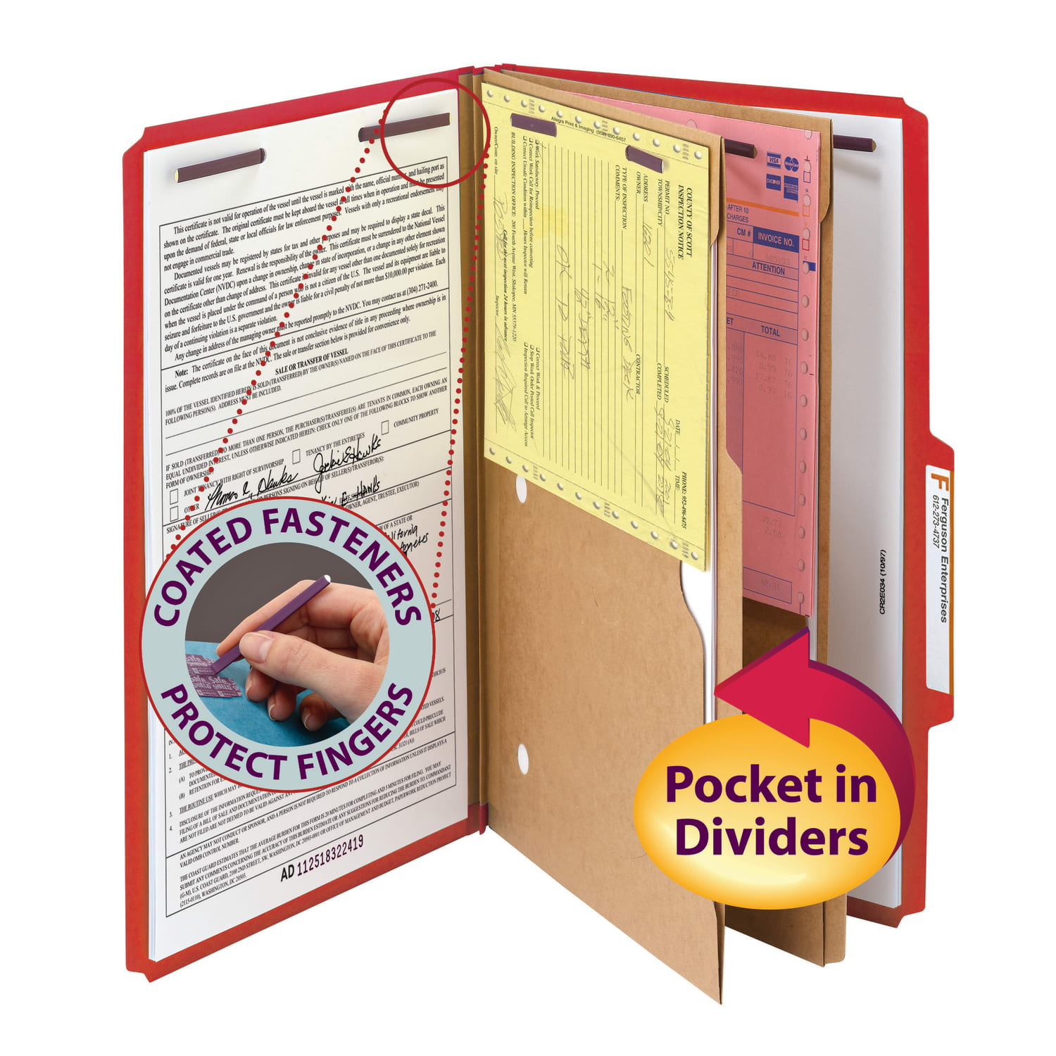Smead Pressboard Classification Folders With SafeSHIELD Fasteners And 2 Pocket Dividers, Legal Size, Bright Red, Box Of 10 - Image 3