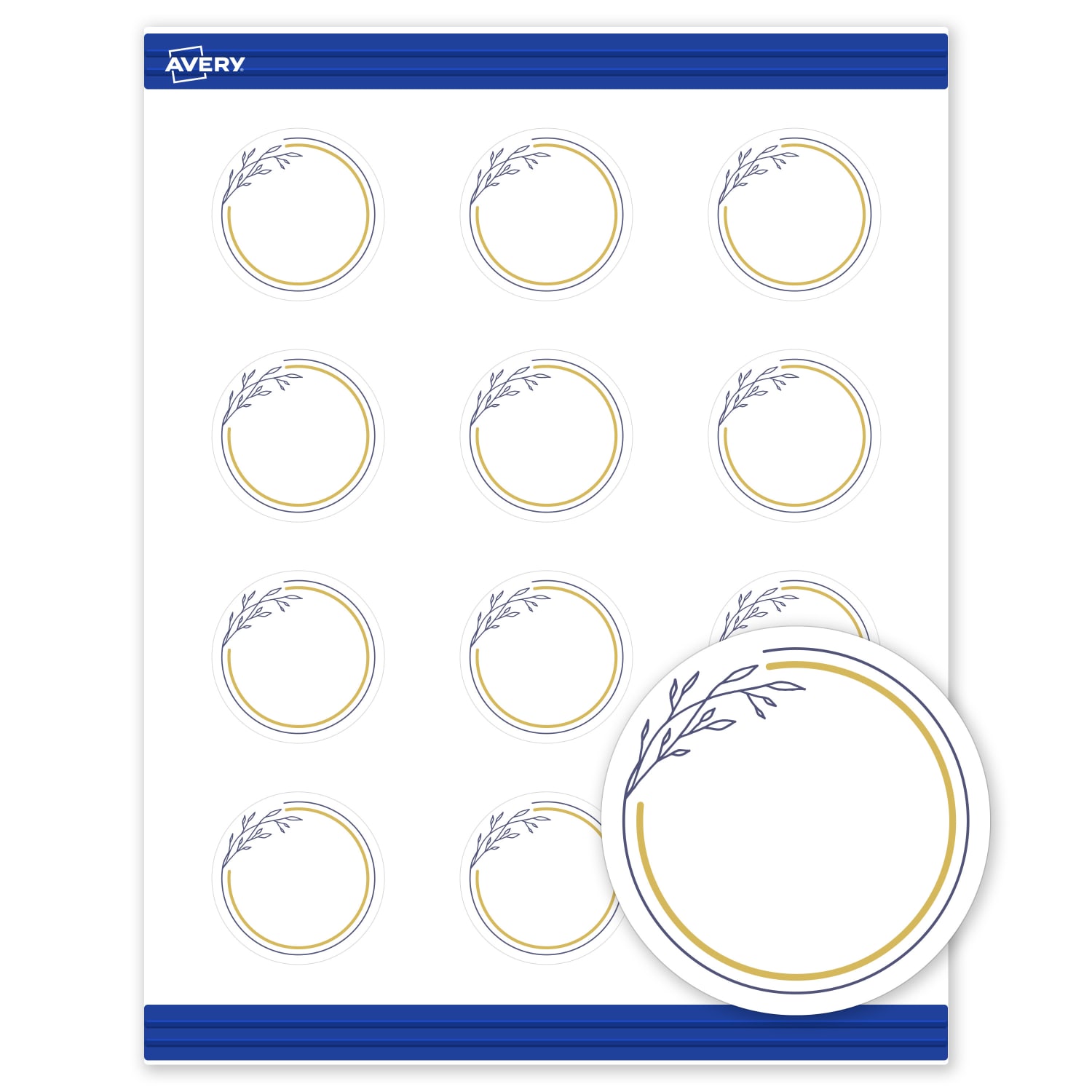 Avery Printable Round Cards With Sure Feed Technology, 2in, Matte White With Preprinted Floral Gold/Navy Border, Pack Of 120 - Image 3