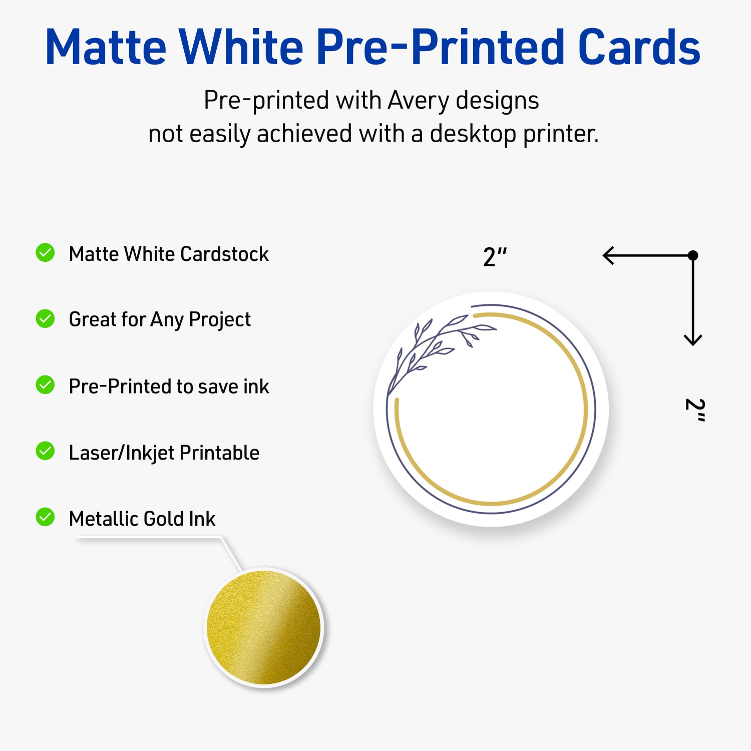 Avery Printable Round Cards With Sure Feed Technology, 2in, Matte White With Preprinted Floral Gold/Navy Border, Pack Of 120 - Image 4