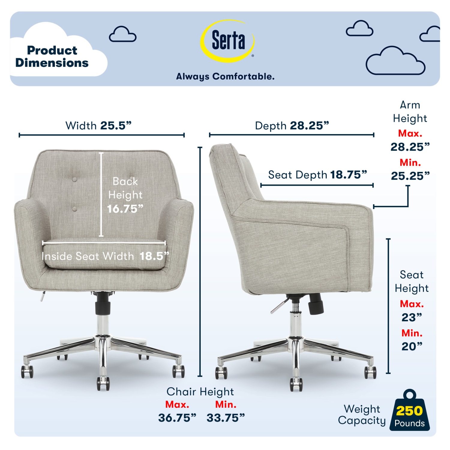 Serta Ashland Mid-Back Office Chair, Light Gray/Chrome - Image 4
