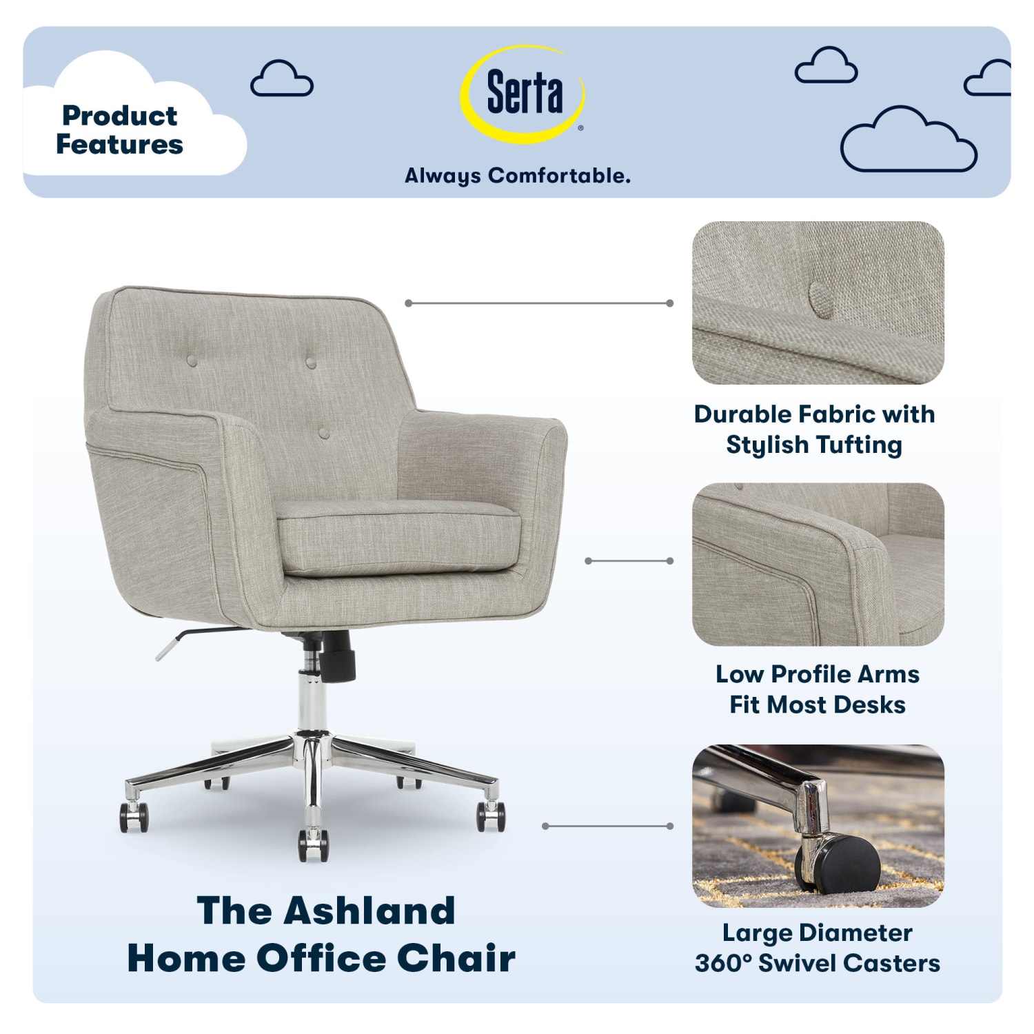 Serta Ashland Mid-Back Office Chair, Light Gray/Chrome - Image 5