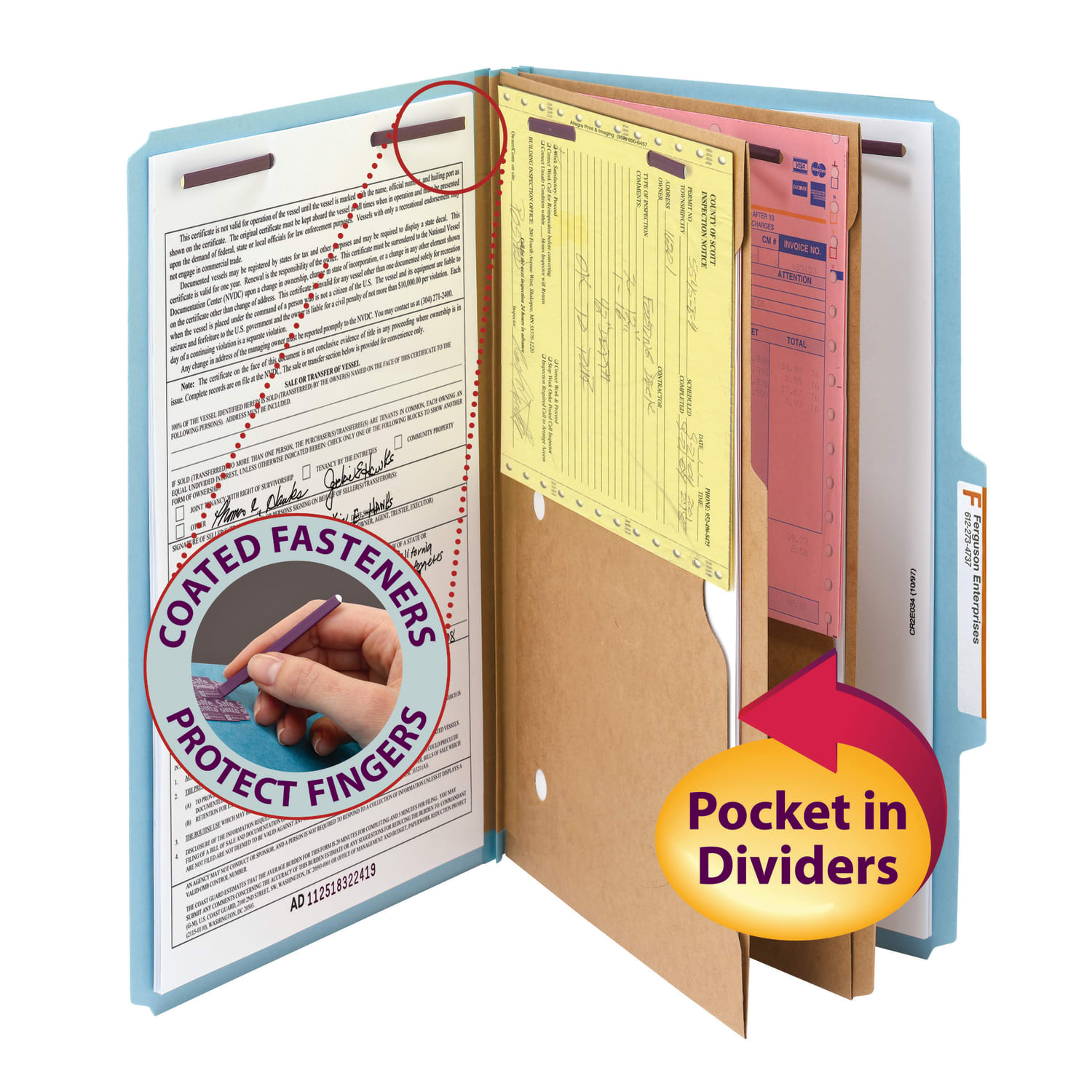 Smead Pressboard Classification Folders With SafeSHIELD Fasteners And 2 Pocket Dividers, Legal Size, 50% Recycled, Blue, Box Of 10 - Image 3