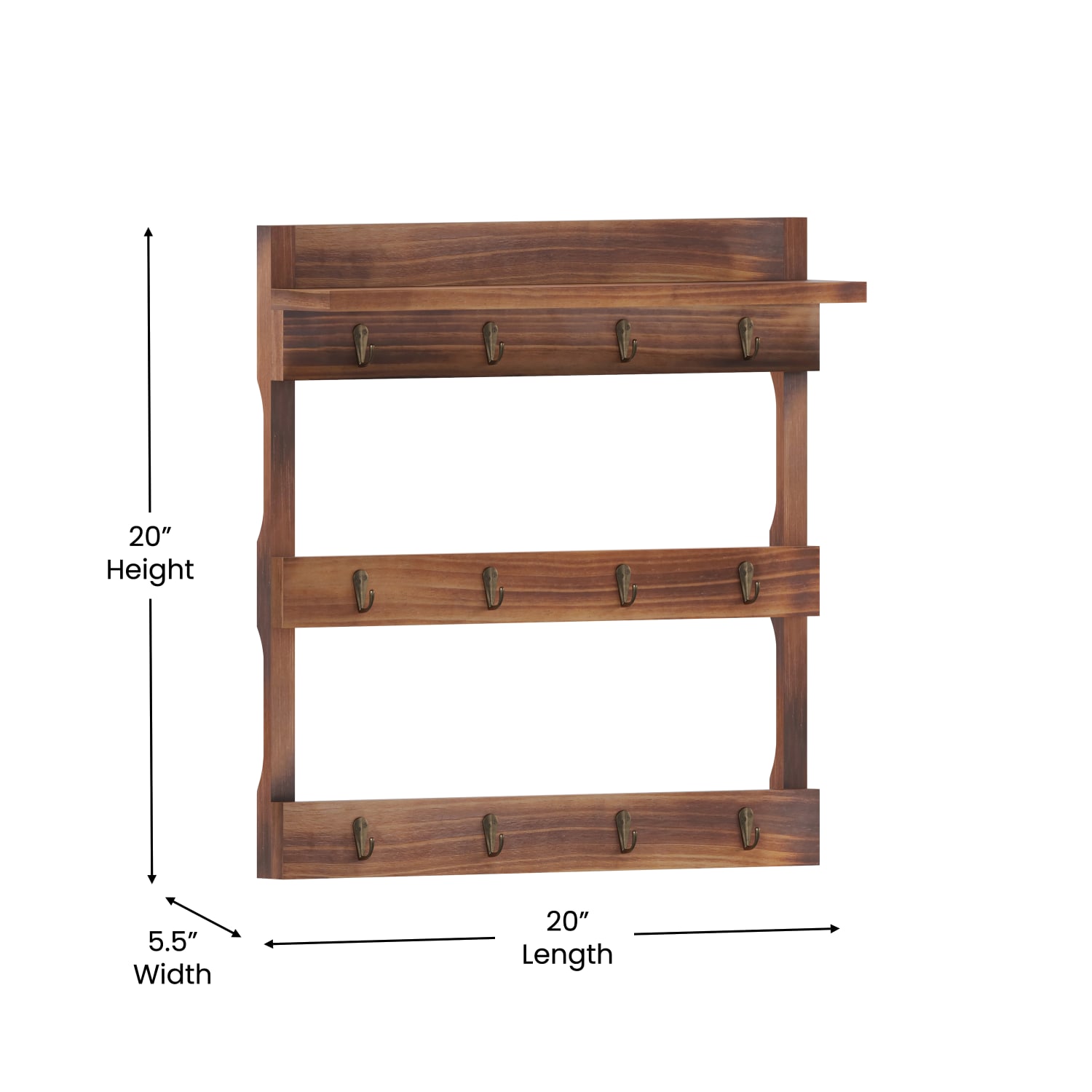 Flash Furniture Campbell Wooden Wall-Mount Mug Rack Organizer With Upper Shelf And Hanging Hooks, 20inH x 20inW x 5-1/8inD, Rustic Brown - Image 6