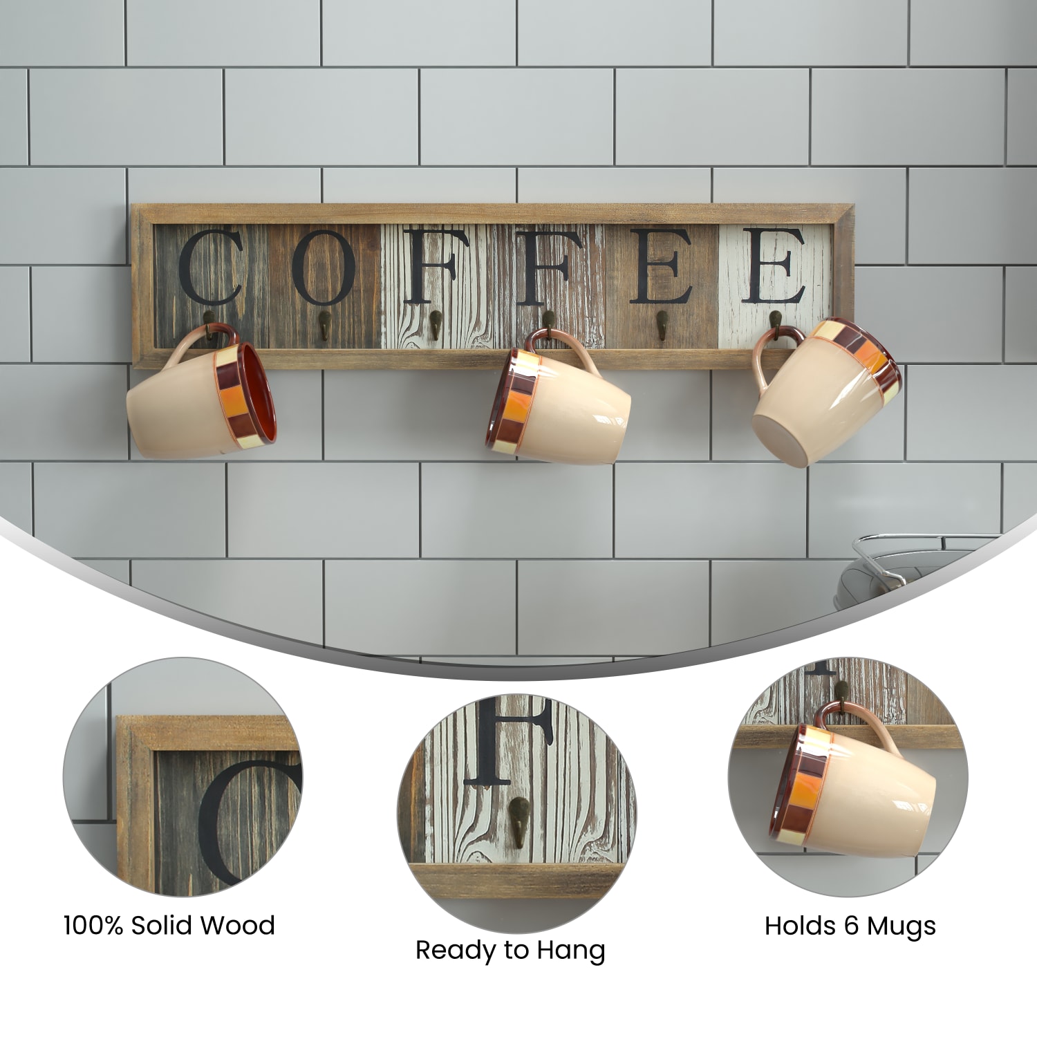 Flash Furniture Folston Wooden Wall-Mount Coffee Mug Organizer With Hanging Hooks, 7-1/4inH x 31-1/2inW x 1-9/16inD, Rustic Brown - Image 5