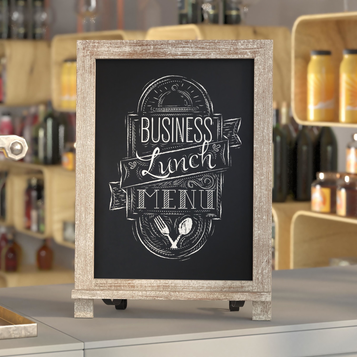 Flash Furniture Canterbury Tabletop Magnetic Chalkboard Sign With Scrolled Legs, Porcelain Steel, 17inH x 12inW x 1-7/8inD, Weathered Brown Wood Frame