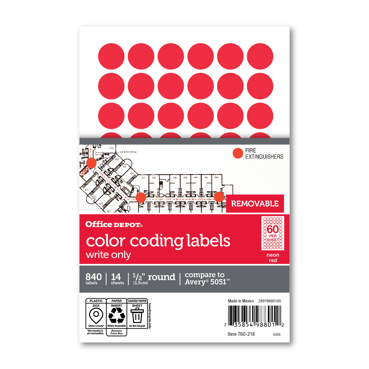 Office Depot Brand Removable Round Color-Coding Labels, OD98801, 1/2in Diameter, Red Glow, Pack Of 840