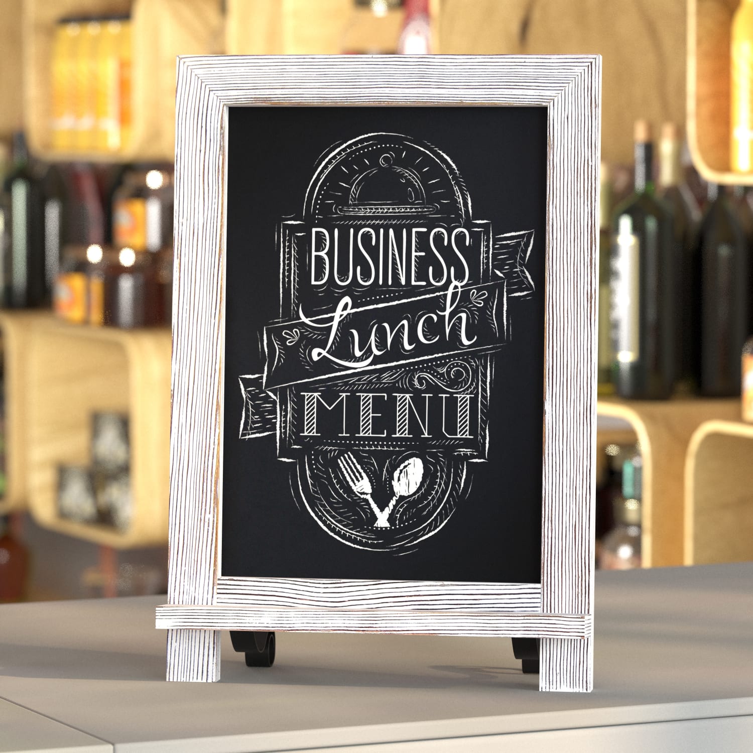 Flash Furniture Canterbury Tabletop Magnetic Chalkboard Sign With Metal Scrolled Legs, 9-1/2in x 14in, White Wash