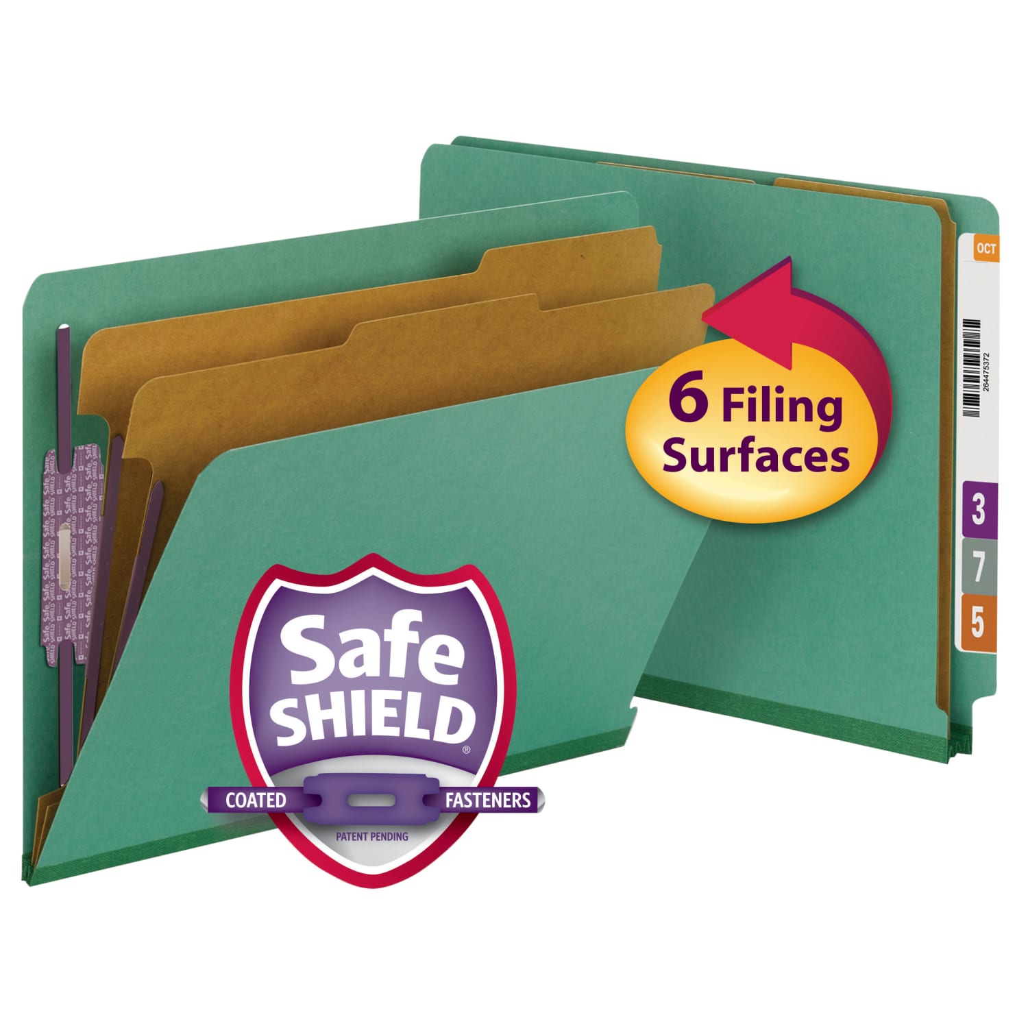 Smead End-Tab Classification Folders, With SafeSHIELD Fasteners, 8 1/2in x 11in, 2 Divider, 2 Partition, Green, Pack Of 10 - Image 4
