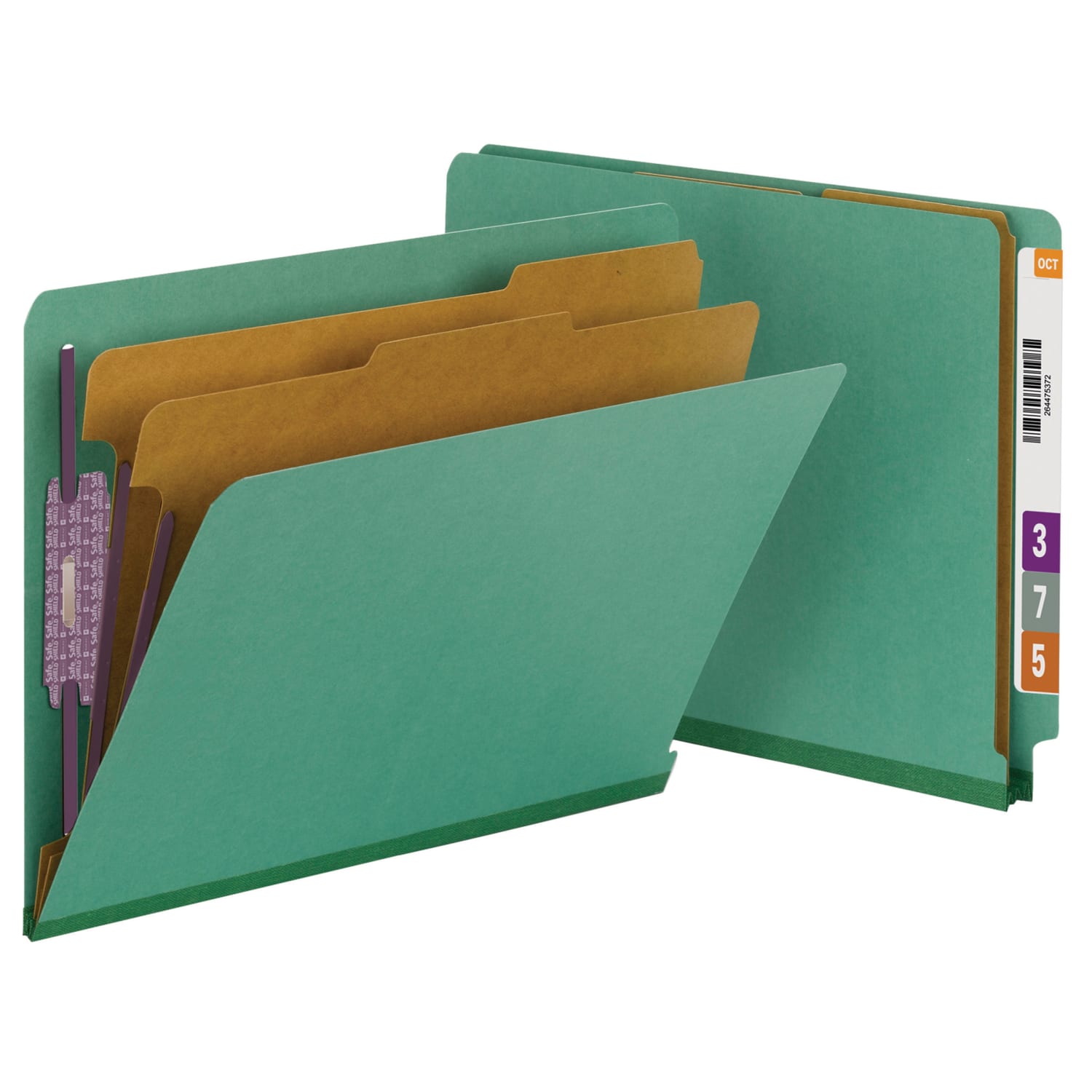 Smead End-Tab Classification Folders, With SafeSHIELD Fasteners, 8 1/2in x 11in, 2 Divider, 2 Partition, Green, Pack Of 10 - Image 5
