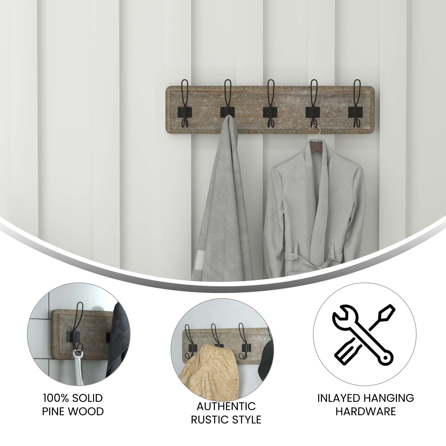 Flash Furniture Daly Wall-Mounted Solid Pine Wood Storage Rack With 5 Hanging Hooks, 6-1/2inH x 24inW x 3-1/8inD, Weathered Brown - Image 5