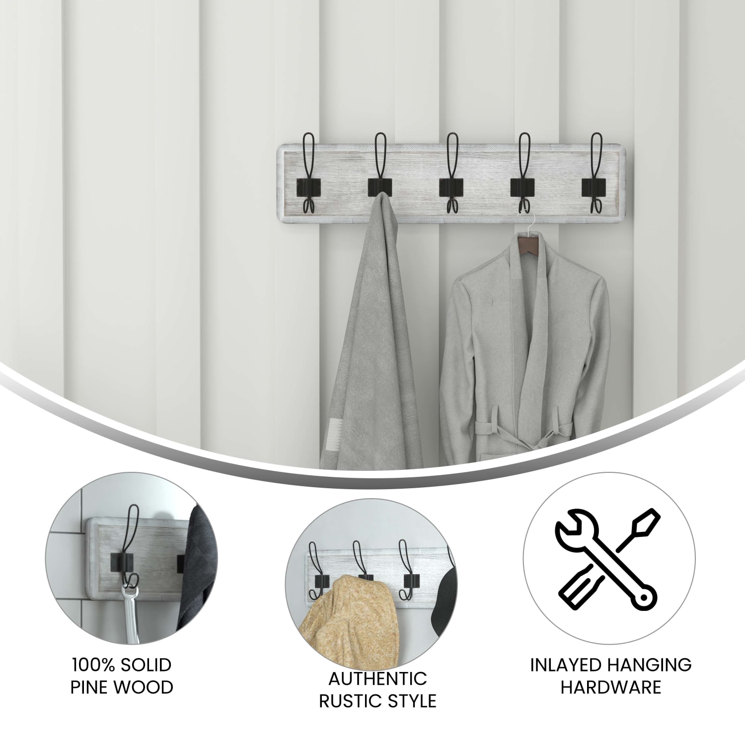Flash Furniture Daly Wall-Mounted Solid Pine Wood Storage Rack With 5 Hanging Hooks, 6-1/2inH x 24inW x 3-1/8inD, White Wash - Image 5