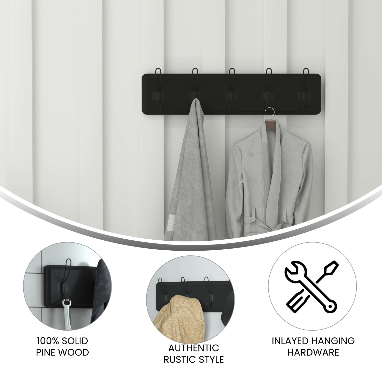 Flash Furniture Daly Wall-Mounted Solid Pine Wood Storage Rack With 5 Hanging Hooks, 6-1/2inH x 24inW x 3-1/8inD, Black - Image 5