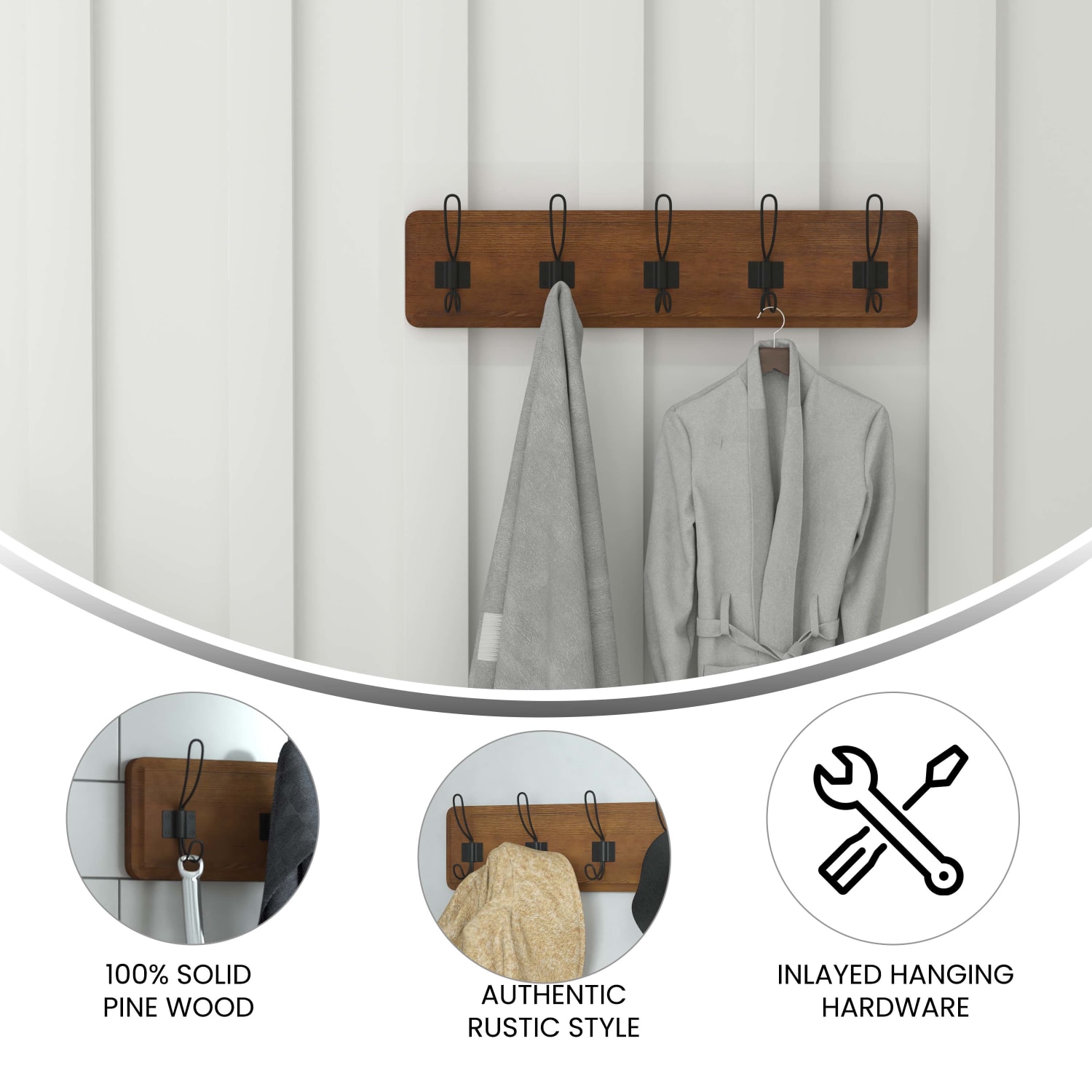 Flash Furniture Daly Wall-Mounted Solid Pine Wood Storage Rack With 5 Hanging Hooks, 6-1/2inH x 24inW x 3-1/8inD, Rustic Brown - Image 5