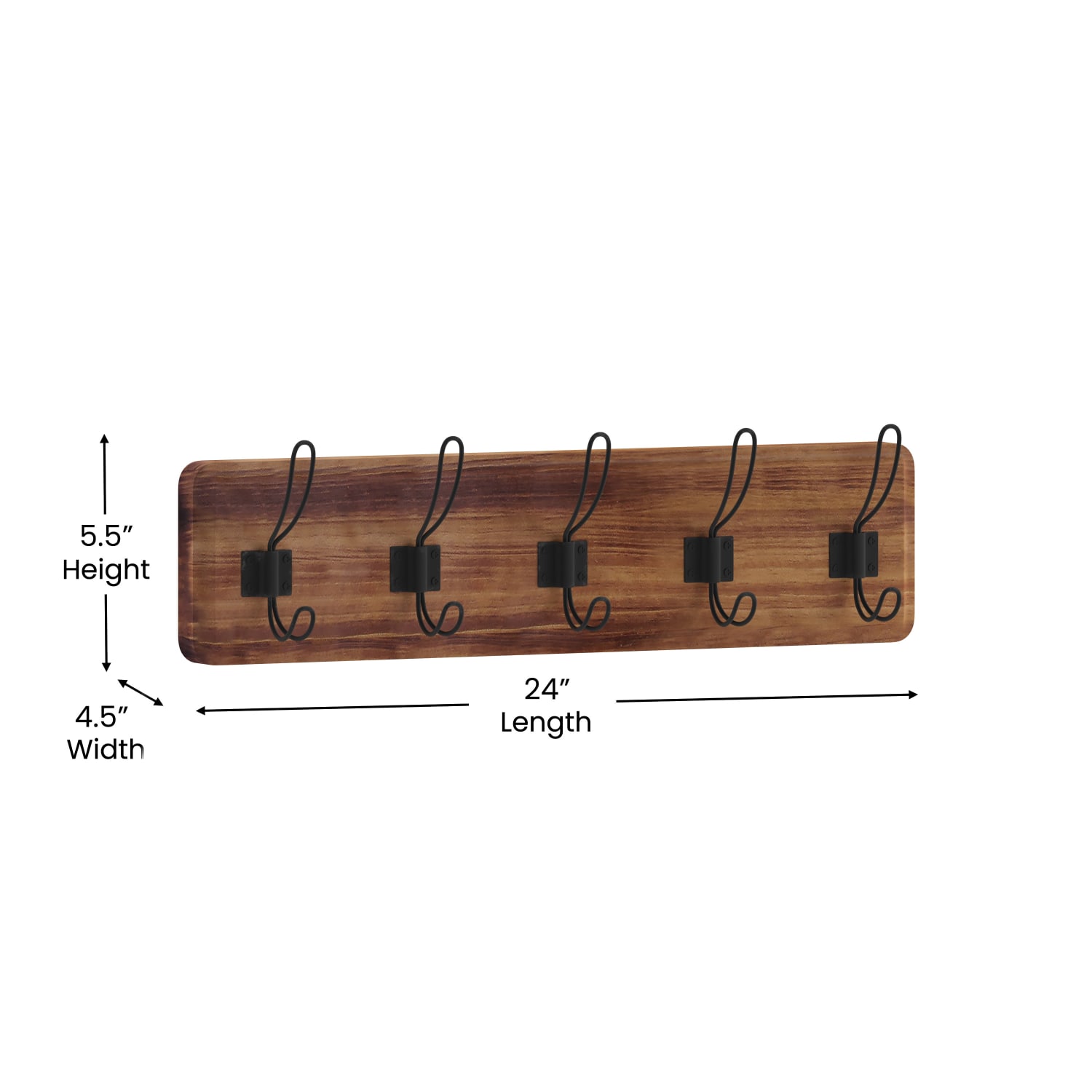 Flash Furniture Daly Wall-Mounted Solid Pine Wood Storage Rack With 5 Hanging Hooks, 6-1/2inH x 24inW x 3-1/8inD, Rustic Brown - Image 6