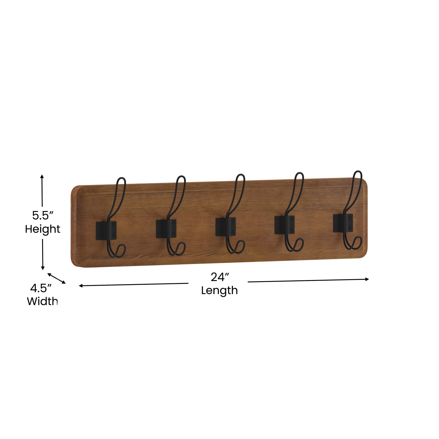 Flash Furniture Daly Wall-Mounted Solid Pine Wood Storage Rack With 5 Hanging Hooks, 6-1/2inH x 24inW x 3-1/8inD, Brown - Image 6