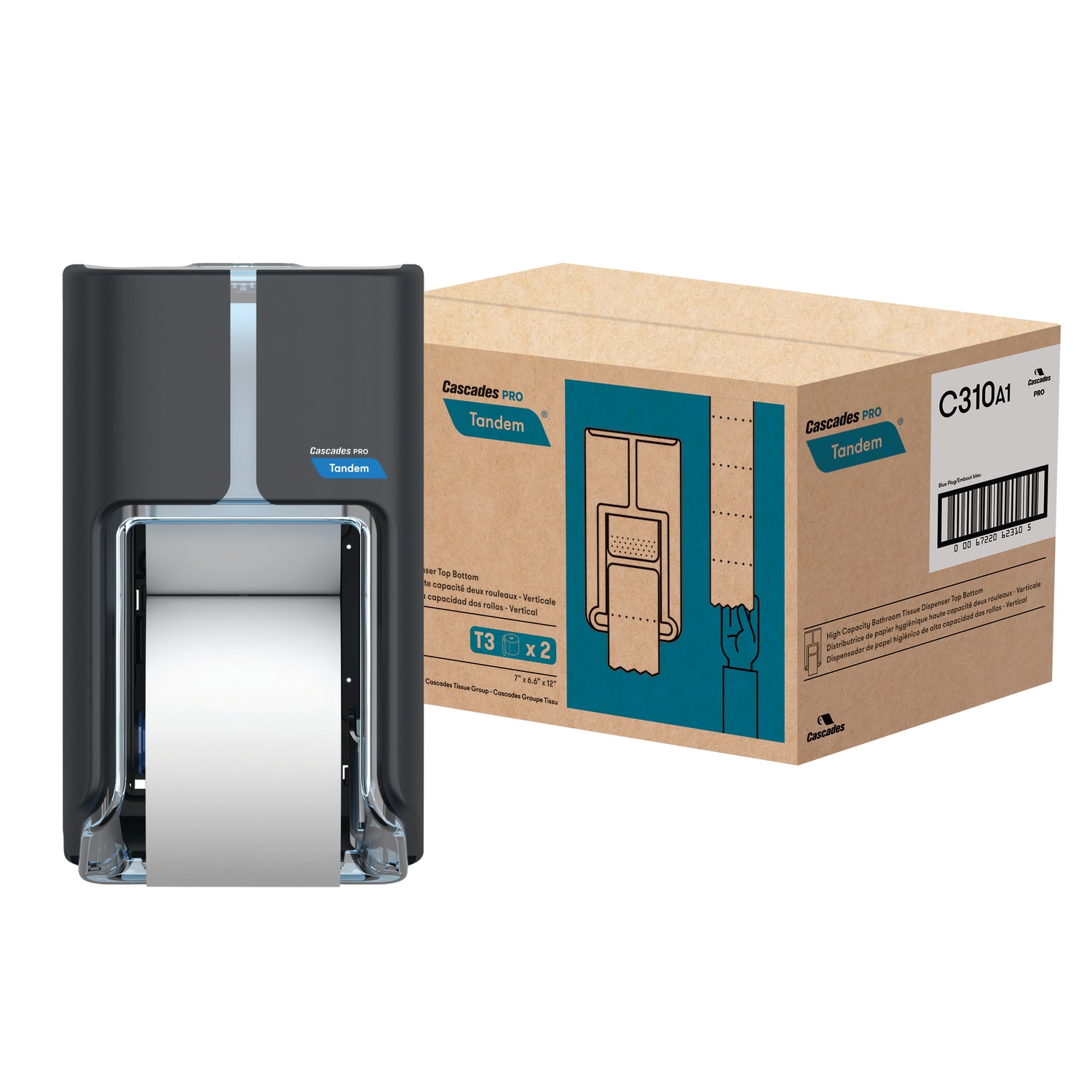Cascades PRO Tandem, High Capacity Bath Tissue Dispenser, Top Bottom Roll, Dark Gray - Image 3