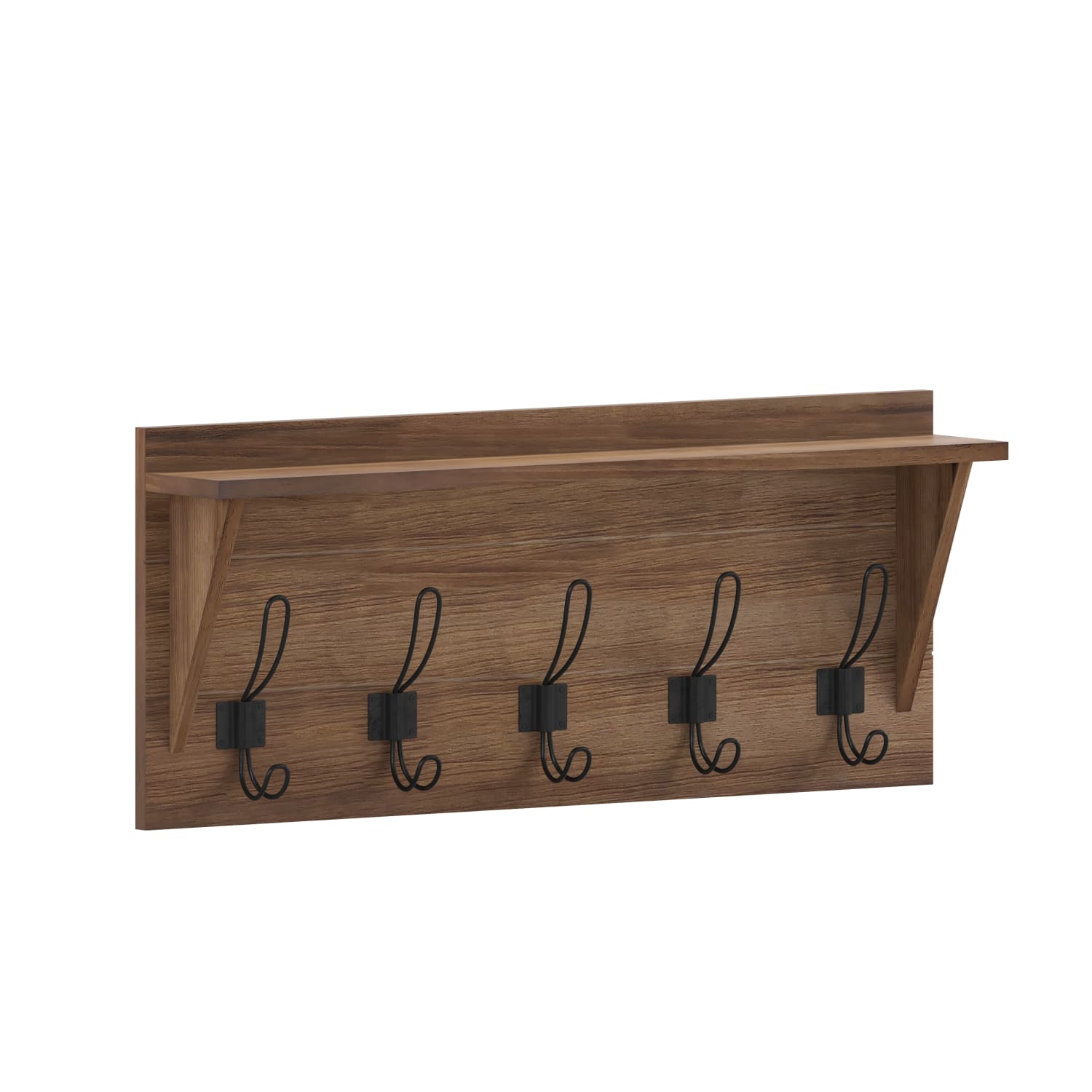 Flash Furniture Daly Wall-Mounted Solid Pine Wood Storage Rack With Upper Shelf And 5 Hanging Hooks, 10inH x 24inW x 4-5/16inD, Rustic Brown - Image 3