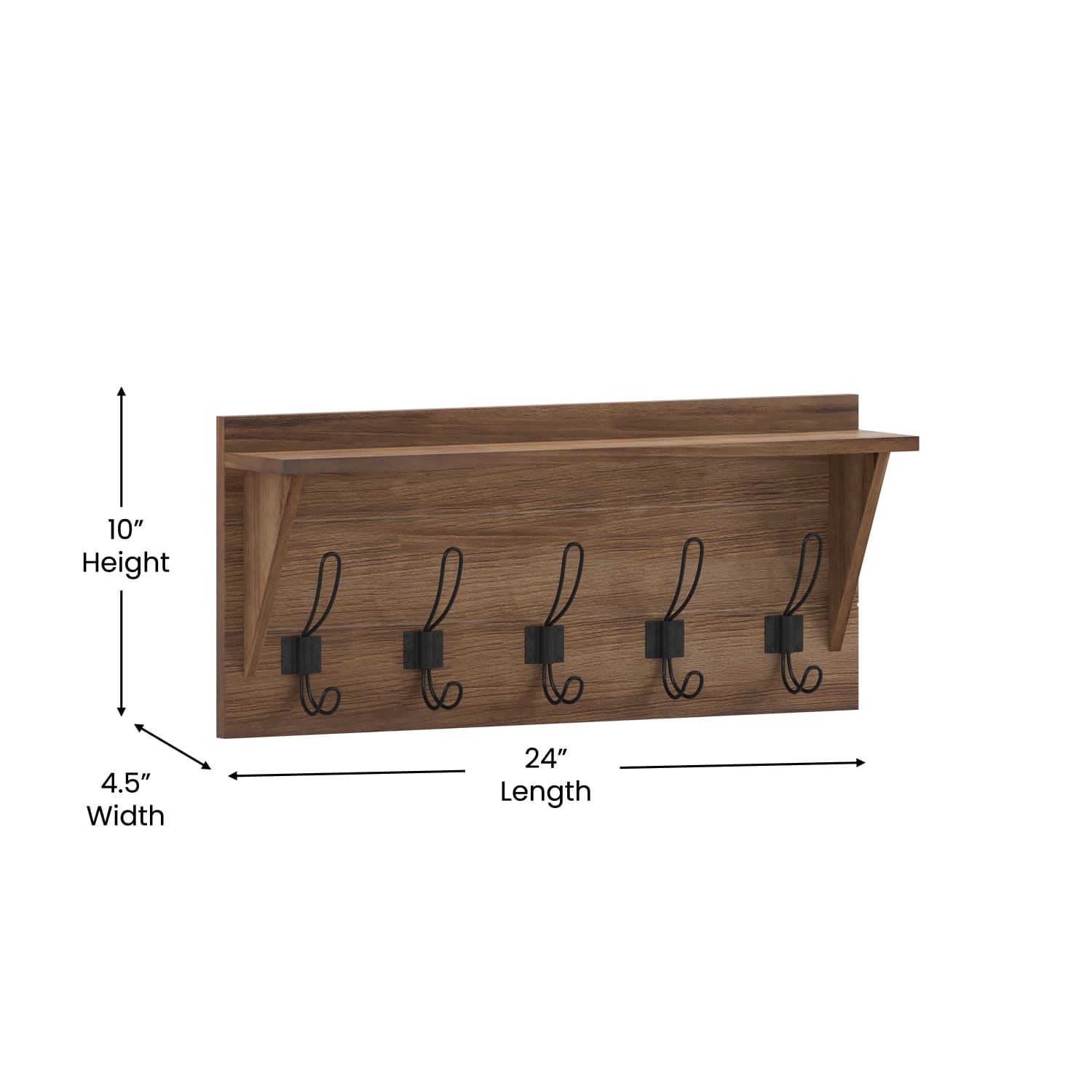 Flash Furniture Daly Wall-Mounted Solid Pine Wood Storage Rack With Upper Shelf And 5 Hanging Hooks, 10inH x 24inW x 4-5/16inD, Rustic Brown - Image 6
