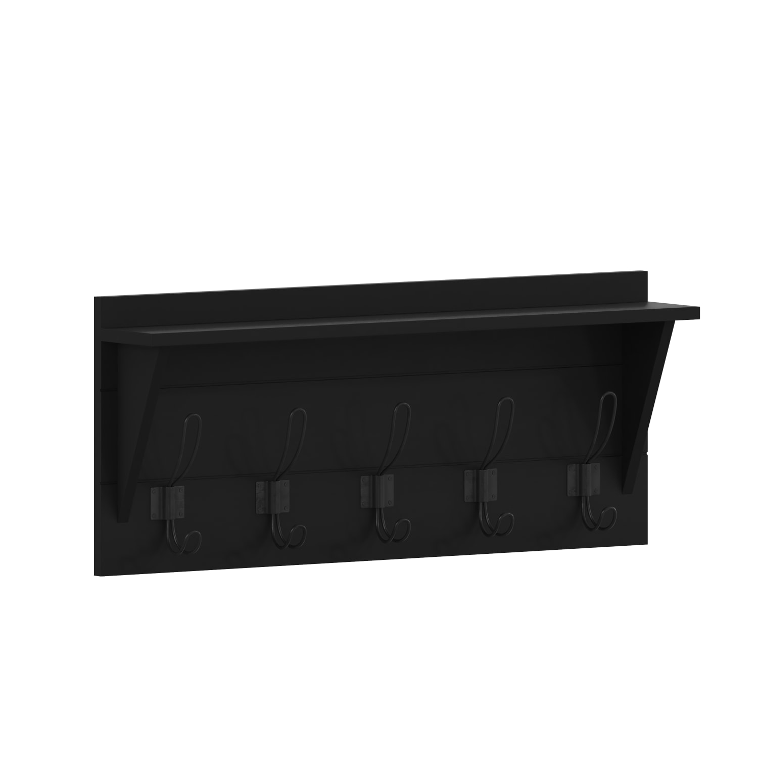 Flash Furniture Daly Wall-Mounted Solid Pine Wood Storage Rack With Upper Shelf And 5 Hanging Hooks, 10inH x 24inW x 4-5/16inD, Black - Image 3