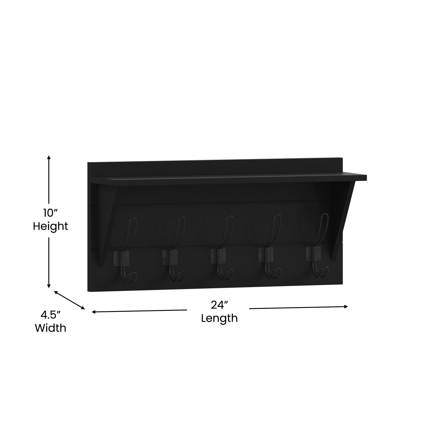 Flash Furniture Daly Wall-Mounted Solid Pine Wood Storage Rack With Upper Shelf And 5 Hanging Hooks, 10inH x 24inW x 4-5/16inD, Black - Image 6